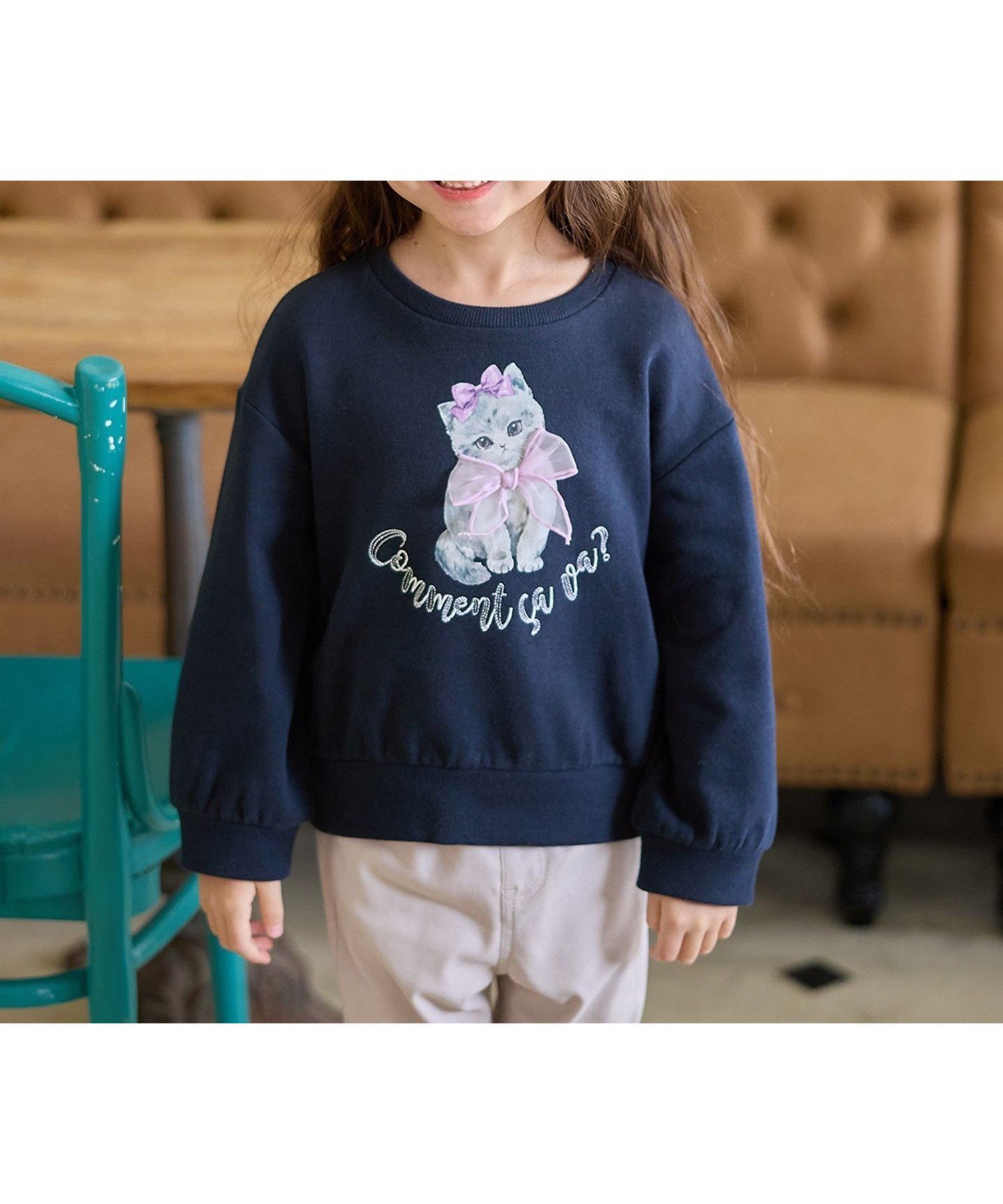 【エニー/ANY / KIDS】のネコプリント トレーニャー インテリア・キッズ・メンズ・レディースファッション・服の通販 founy(ファウニー) 　ファッション　Fashion　キッズファッション　Fashion for Kids　オーガンジー　Organza Fabric　トレーナー　Sweatshirt, Trainer　ネコ　Cat, Feline Motif　フロント　Front, Front Design　プリント　Print, Printed Pattern　ポケット　Pocket, Pocket Detail　リボン　Ribbon, Bow　ロング　Long, Long-Length　ネイビー[075]|ID: prp329100004990977 ipo3291000000037381131