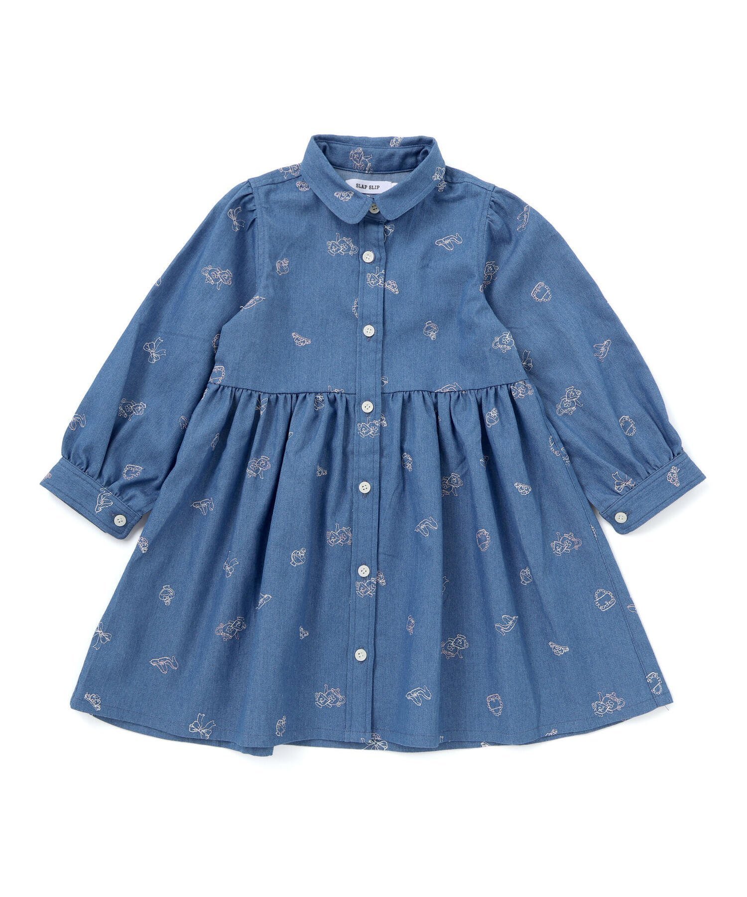 【ベベ オンライン ストア/BEBE ONLINE STORE / KIDS】の刺しゅう総柄襟付きデニムワンピース(80~130cm) インテリア・キッズ・メンズ・レディースファッション・服の通販 founy(ファウニー) 　ファッション　Fashion　キッズファッション　Fashion for Kids　ワンピース　Dresses　秋　Autumn　ガーリー　Girly, Feminine Style　ギャザー　Gathered, Ruffled　チェック　Check, Plaid, Tartan　チュール　Tulip, Tulip Motif　デニム　Denim, Jeans Material　長袖　Long Sleeve, Full Sleeve　フレンチ　French, French Style　ミックス　Mix, Mixed Style　モチーフ　Motif, Design Theme　リボン　Ribbon, Bow　ロマンティック　Romantic, Feminine Style　A/W・秋冬　Autumn/Winter　エレガント 上品　Elegant　2025年　2025　2025-2026秋冬・A/W　Autumn/Winter 2025–26 AW25–26　ブルー系|ID: prp329100004991237 ipo3291000000037382134