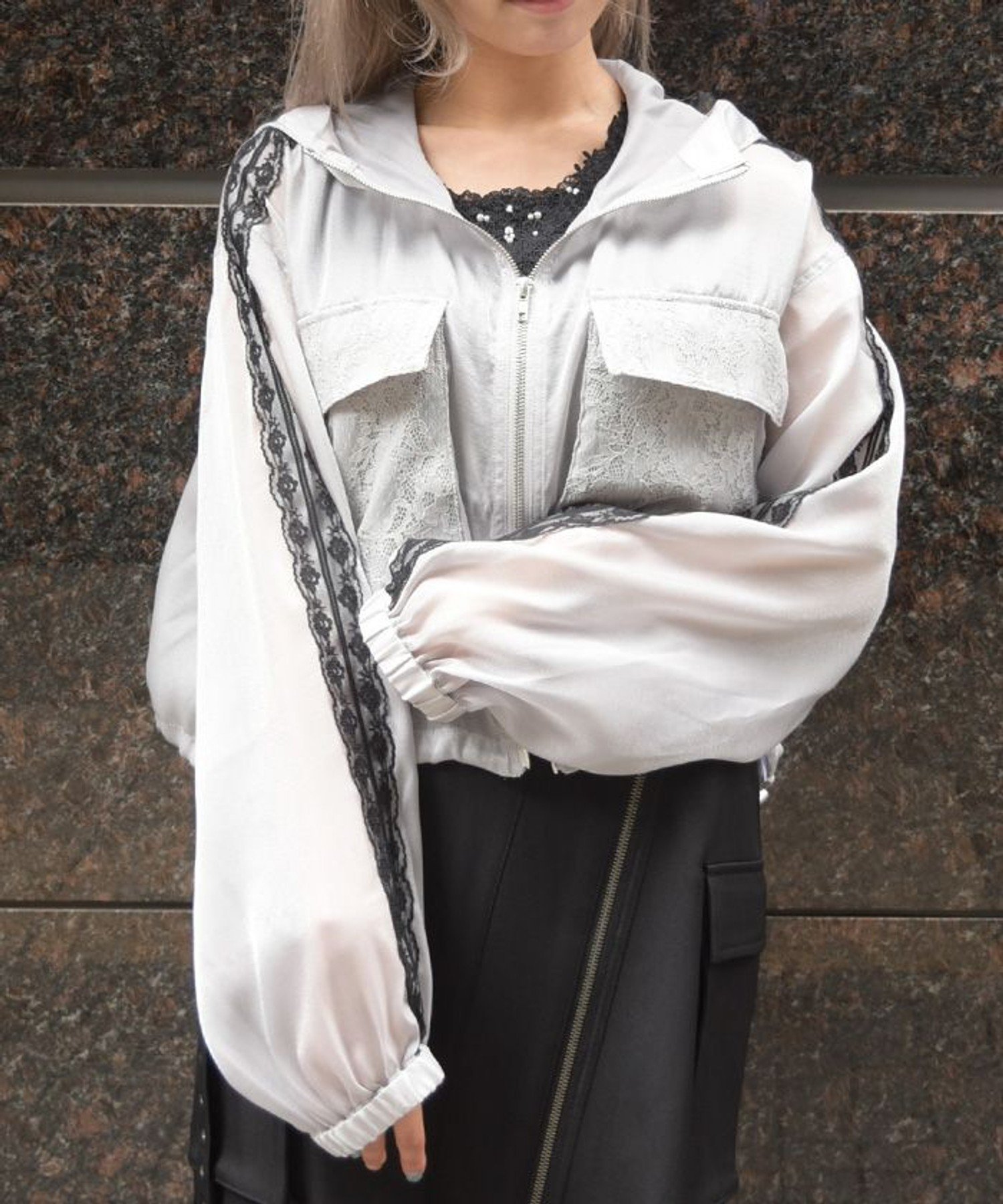 【アクシーズファム/axes femme】のフード付シアブルゾン インテリア・キッズ・メンズ・レディースファッション・服の通販 founy(ファウニー) 　ファッション　Fashion　レディースファッション　Fashion for Women　アウター　Coat / Outerwear Collection　ブルゾンジャケット・スポーティアウター　Blouson Jackets　クール　Cool, Chic　シアー　Sheer, See-Through　ショート　Short, Short Length　ダウン　Down, Puffer　バランス　Balance, Style Balance　ボトム　Bottoms, Lower Wear　レース　Lace, Lace Fabric　グレー|ID: prp329100004992372 ipo3291000000037388207