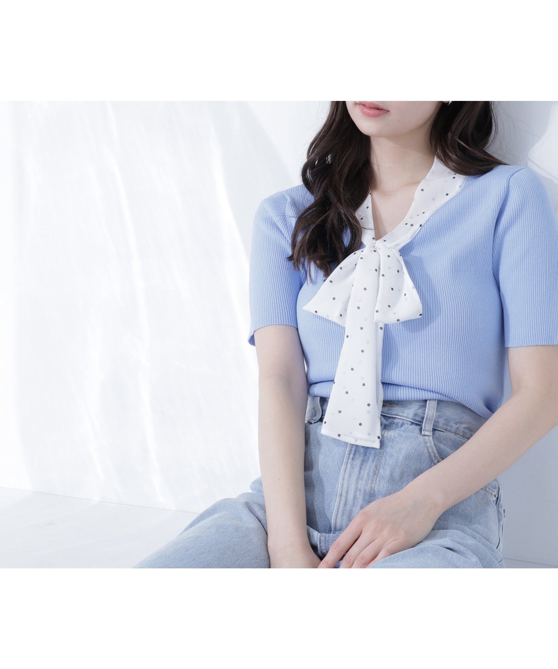 【ナチュラル ビューティー ベーシック/NATURAL BEAUTY BASIC】のドットリボンボウタイニット インテリア・キッズ・メンズ・レディースファッション・服の通販 founy(ファウニー) 　ファッション　Fashion　レディースファッション　Fashion for Women　トップス・カットソー　Cut & Sew Tops　ニット　Knit Tops & Sweaters　シンプル　Simple, Minimal　タイトスカート　Pencil Skirt, Tight Skirt　ドット　Polka Dot, Dot Pattern　フェミニン　Feminine, Girly　リボン　Ribbon, Bow　エレガント 上品　Elegant　ブルー系2|ID: prp329100004992387 ipo3291000000037388280