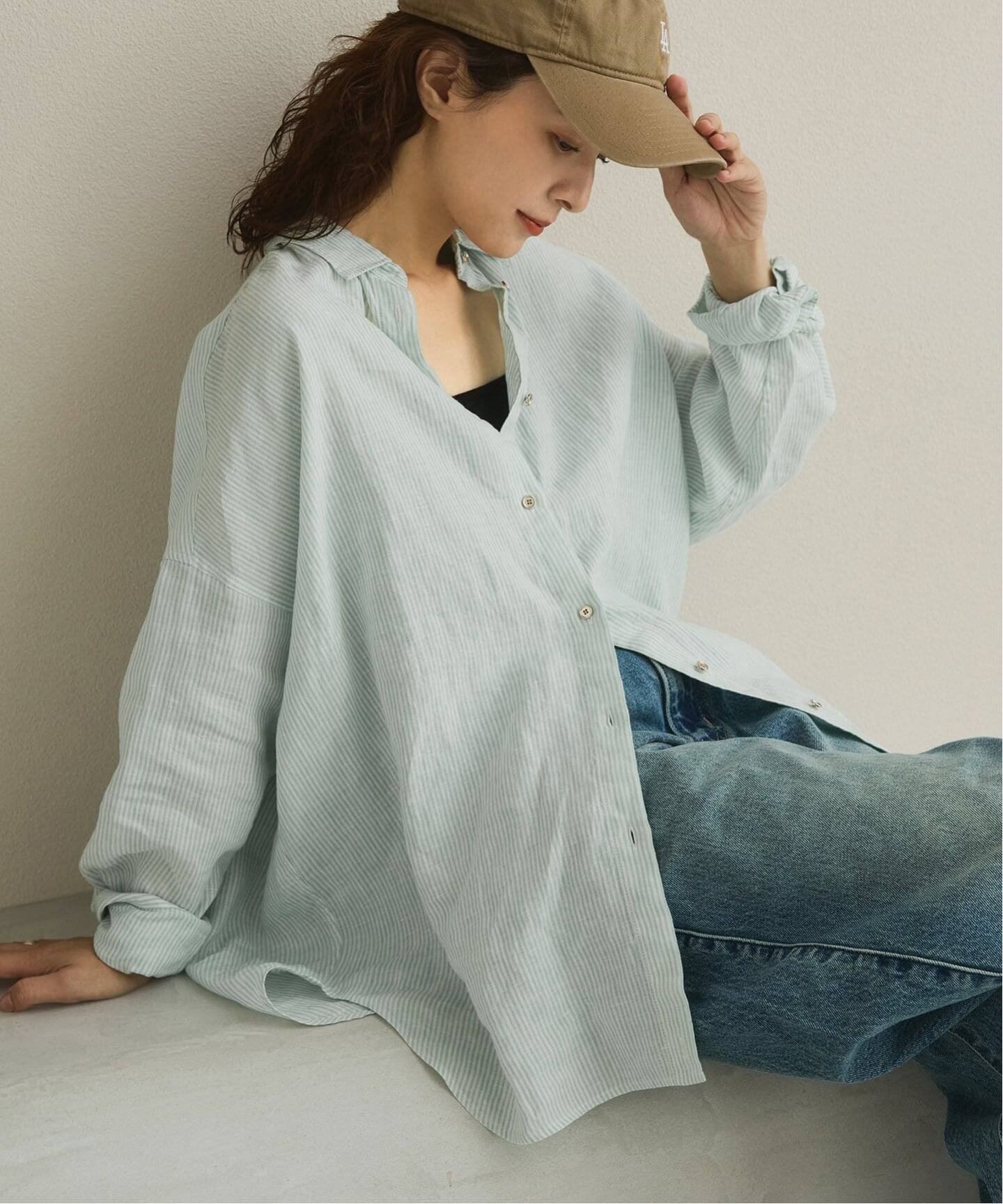 【スピック&スパン/Spick & Span】の《追加3 》 80リネンカシュクール ビッグシャツ インテリア・キッズ・メンズ・レディースファッション・服の通販 founy(ファウニー) 　ファッション　Fashion　レディースファッション　Fashion for Women　トップス・カットソー　Cut & Sew Tops　シャツ・ブラウス・オフィスカジュアル　Elegant Blouses & Button-Ups　イエロー　Yellow　インナー　Innerwear　オレンジ　Orange　カシュクール　Wrap Design　タンク　Tank Top, Sleeveless Top　定番　Standard, Basic Item　人気　Popular, Best Seller　ビッグ　Big, Oversized　リネン　Linen, Linen Fabric　再入荷　Restock / Back in Stock　おすすめ　Recommended / Our Picks　エレガント 上品　Elegant　グリーンべース|ID: prp329100004992425 ipo3291000000037388565