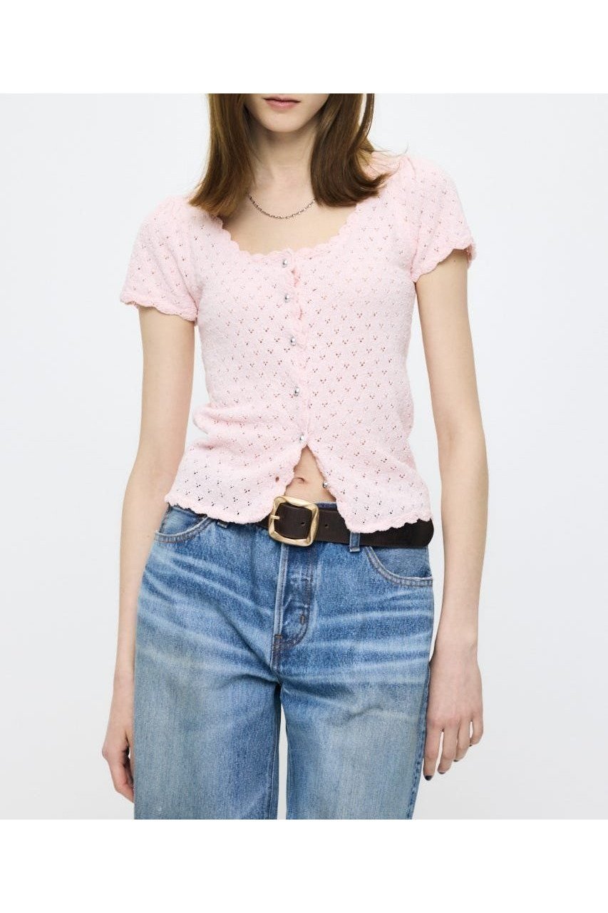 【マウジー/moussy】のEYELET BUTTON UP トップス インテリア・キッズ・メンズ・レディースファッション・服の通販 founy(ファウニー) ファッション Fashion レディースファッション Fashion for Women トップス・カットソー Cut & Sew Tops おすすめ Recommended / Our Picks アイレット Eyelet Lace インナー Innerwear コンパクト Compact, Small Size デニム Denim, Jeans Material 人気 Popular, Best Seller 再入荷 Restock / Back in Stock 定番 Standard, Basic Item L/PNK1|ID: prp329100004992444 ipo3291000000037388686