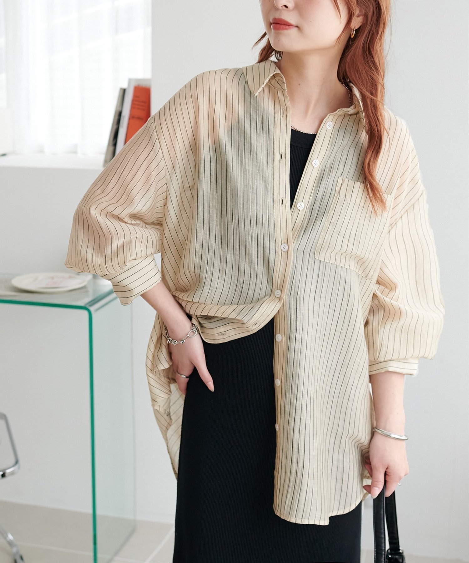 【ディスコート/Discoat】の【WEB限定】シアーストライプシャツ インテリア・キッズ・メンズ・レディースファッション・服の通販 founy(ファウニー) 　ファッション　Fashion　レディースファッション　Fashion for Women　トップス・カットソー　Cut & Sew Tops　シャツ・ブラウス・オフィスカジュアル　Elegant Blouses & Button-Ups　おすすめ　Recommended / Our Picks　キャミソール　Camisole, Spaghetti Strap Top　ショルダー　Shoulder, Shoulder Strap　ストライプ　Stripe, Striped Pattern　スラックス　Slacks, Dress Pants　タイトスカート　Pencil Skirt, Tight Skirt　タンク　Tank Top, Sleeveless Top　ドロップ　Drop Shoulder, Dropped Style　ポケット　Pocket, Pocket Detail　リラックス　Relax, Relaxed Fit　夏　Summer　春　Spring　S/S・春夏　SS, Spring/Summer, Warm Season　羽織　Haori, Light Jacket　ベージュ|ID: prp329100004992467 ipo3291000000037388869