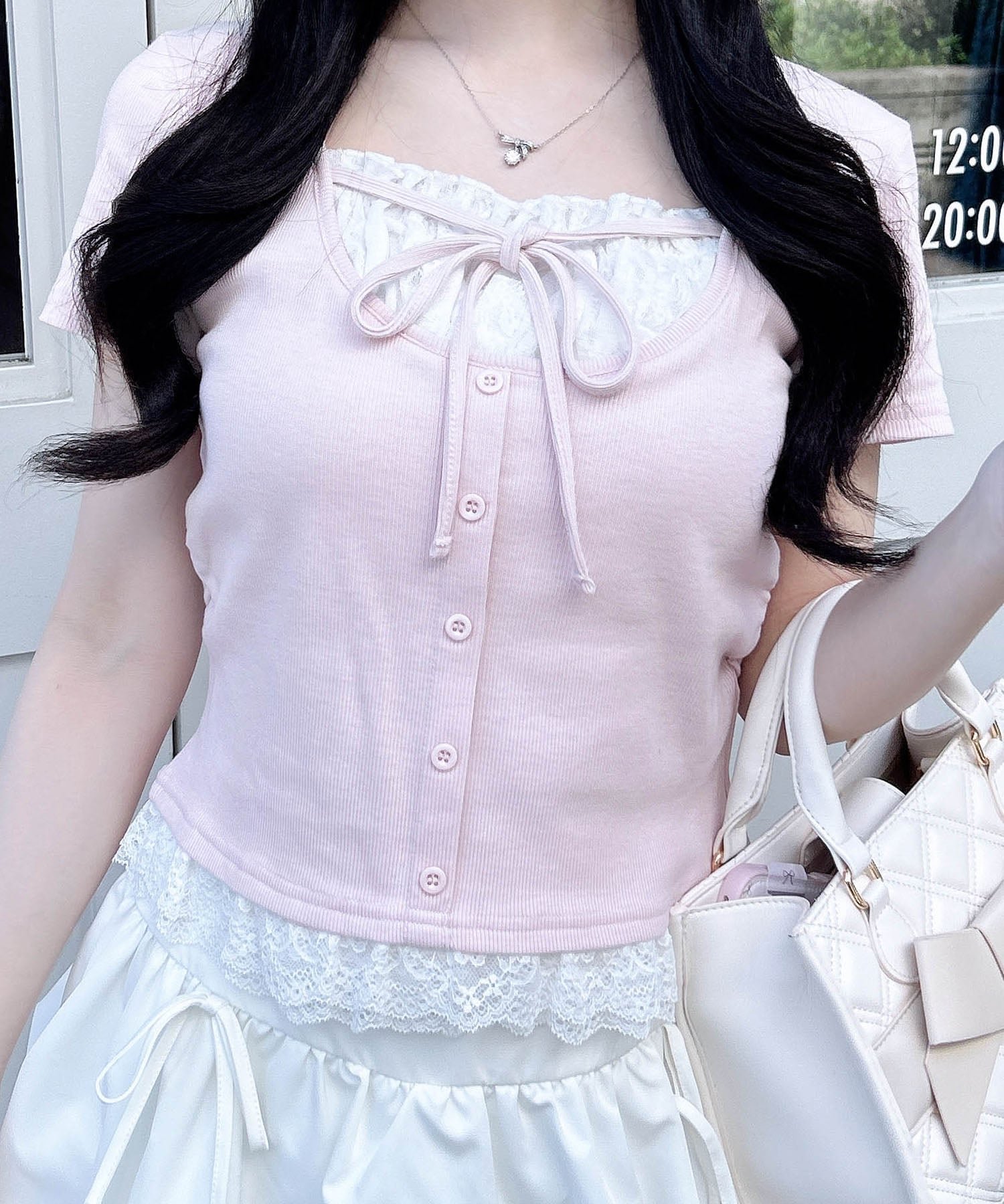 【イング/INGNI】のレースレイヤード風リボン付きリブトップス インテリア・キッズ・メンズ・レディースファッション・服の通販 founy(ファウニー) 　ファッション　Fashion　レディースファッション　Fashion for Women　トップス・カットソー　Cut & Sew Tops　カーディガン　Cardigan, Knitwear　ガーリー　Girly, Feminine Style　ギャザー　Gathered, Ruffled　ドッキング　Docking, Mixed Material　ドット　Polka Dot, Dot Pattern　定番　Standard, Basic Item　長袖　Long Sleeve, Full Sleeve　バランス　Balance, Style Balance　フィット　Fit, Slim Fit　フェミニン　Feminine, Girly　フロント　Front, Front Design　半袖　Short Sleeve, Half Sleeve　無地　Plain, Solid Color　リボン　Ribbon, Bow　レース　Lace, Lace Fabric　ライトピンク|ID: prp329100004992500 ipo3291000000037389112