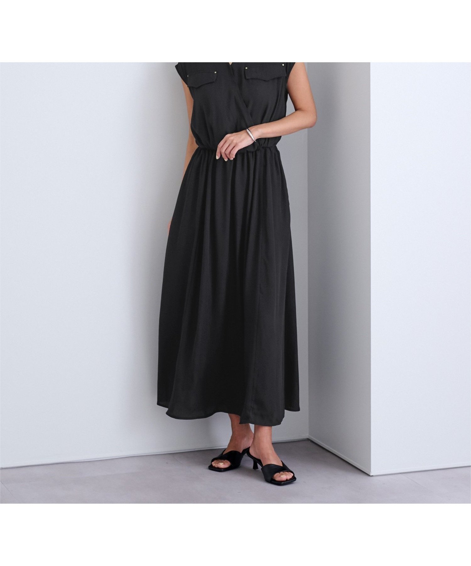 【ユアーズ/ur's】のダブルフラップフレンチスリーブワンピース インテリア・キッズ・メンズ・レディースファッション・服の通販 founy(ファウニー) 　ファッション　Fashion　レディースファッション　Fashion for Women　ワンピース　Dresses　アクセサリー　Fashion Accessories　カシュクール　Wrap Design　シンプル　Simple, Minimal　ジャケット　Jacket, Outerwear　ダブル　Double, Double-Breasted　ネップ　Nepp, Slub Yarn　フィット　Fit, Slim Fit　ポケット　Pocket, Pocket Detail　おすすめ　Recommended / Our Picks　エレガント 上品　Elegant　BK|ID: prp329100004992608 ipo3291000000037389980