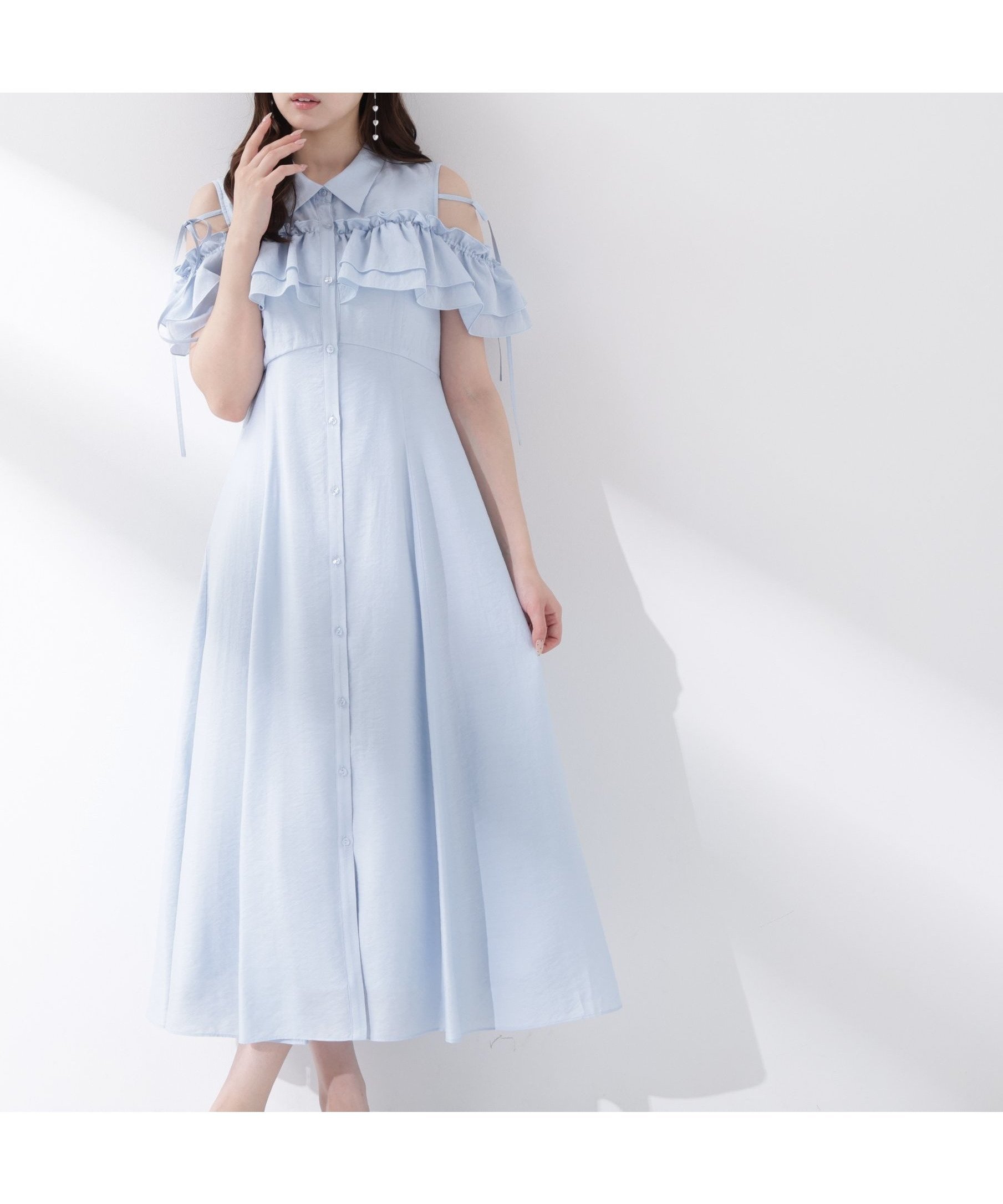 【プロポーション ボディドレッシング/PROPORTION BODY DRESSING】のEDIT COLOGNE フリルシャツワンピース インテリア・キッズ・メンズ・レディースファッション・服の通販 founy(ファウニー) 　ファッション　Fashion　レディースファッション　Fashion for Women　ワンピース　Dresses　シャツワンピース / 1枚で着映えコーデ　Shirt Dresses　パターン　Pattern, Design Print　フリル　Frill, Ruffle　リボン　Ribbon, Bow　ブルー|ID: prp329100004992658 ipo3291000000037390257