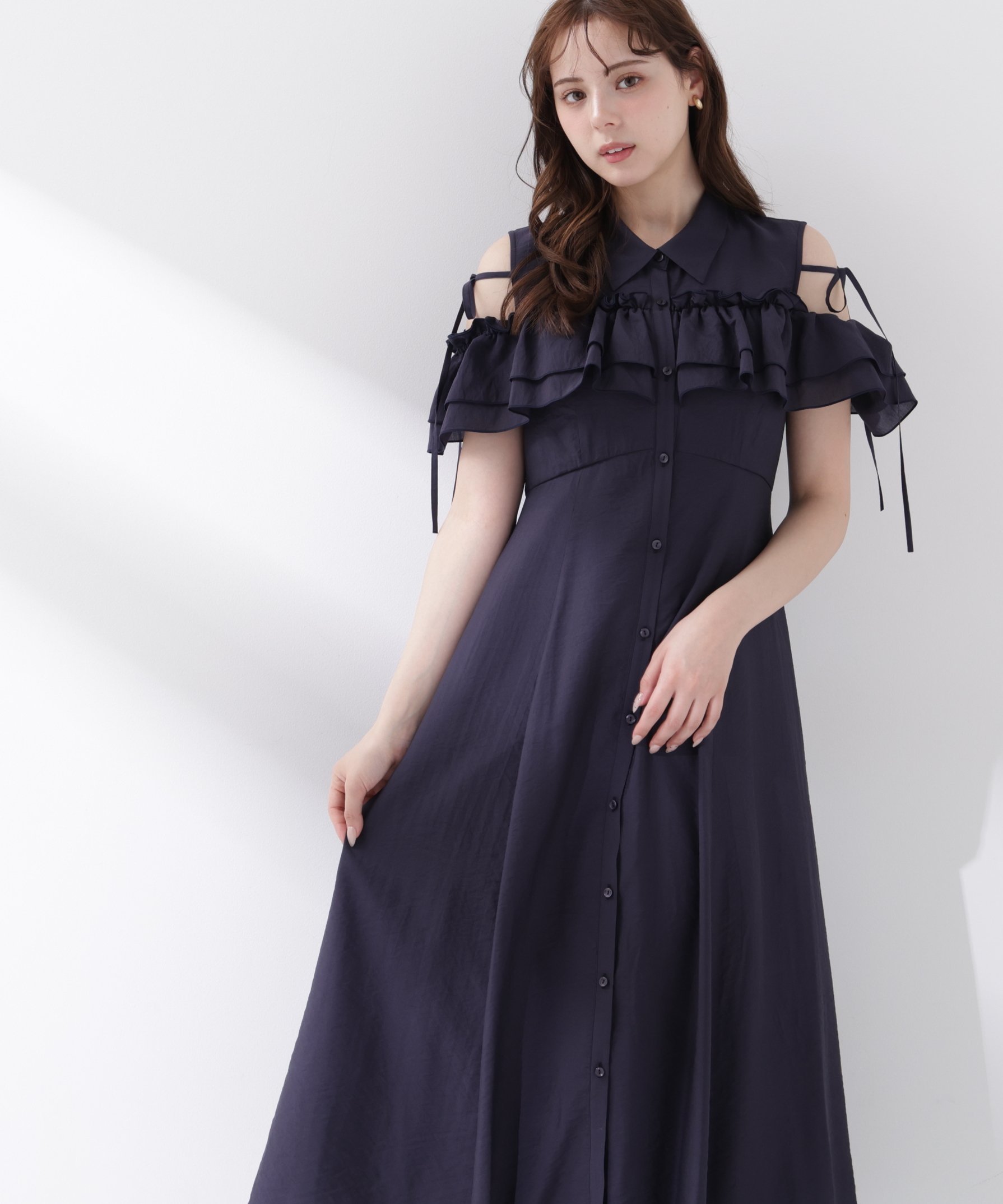 【プロポーション ボディドレッシング/PROPORTION BODY DRESSING】のEDIT COLOGNE フリルシャツワンピース インテリア・キッズ・メンズ・レディースファッション・服の通販 founy(ファウニー) 　ファッション　Fashion　レディースファッション　Fashion for Women　ワンピース　Dresses　シャツワンピース / 1枚で着映えコーデ　Shirt Dresses　パターン　Pattern, Design Print　フリル　Frill, Ruffle　リボン　Ribbon, Bow　ネイビー|ID: prp329100004992658 ipo3291000000037390258