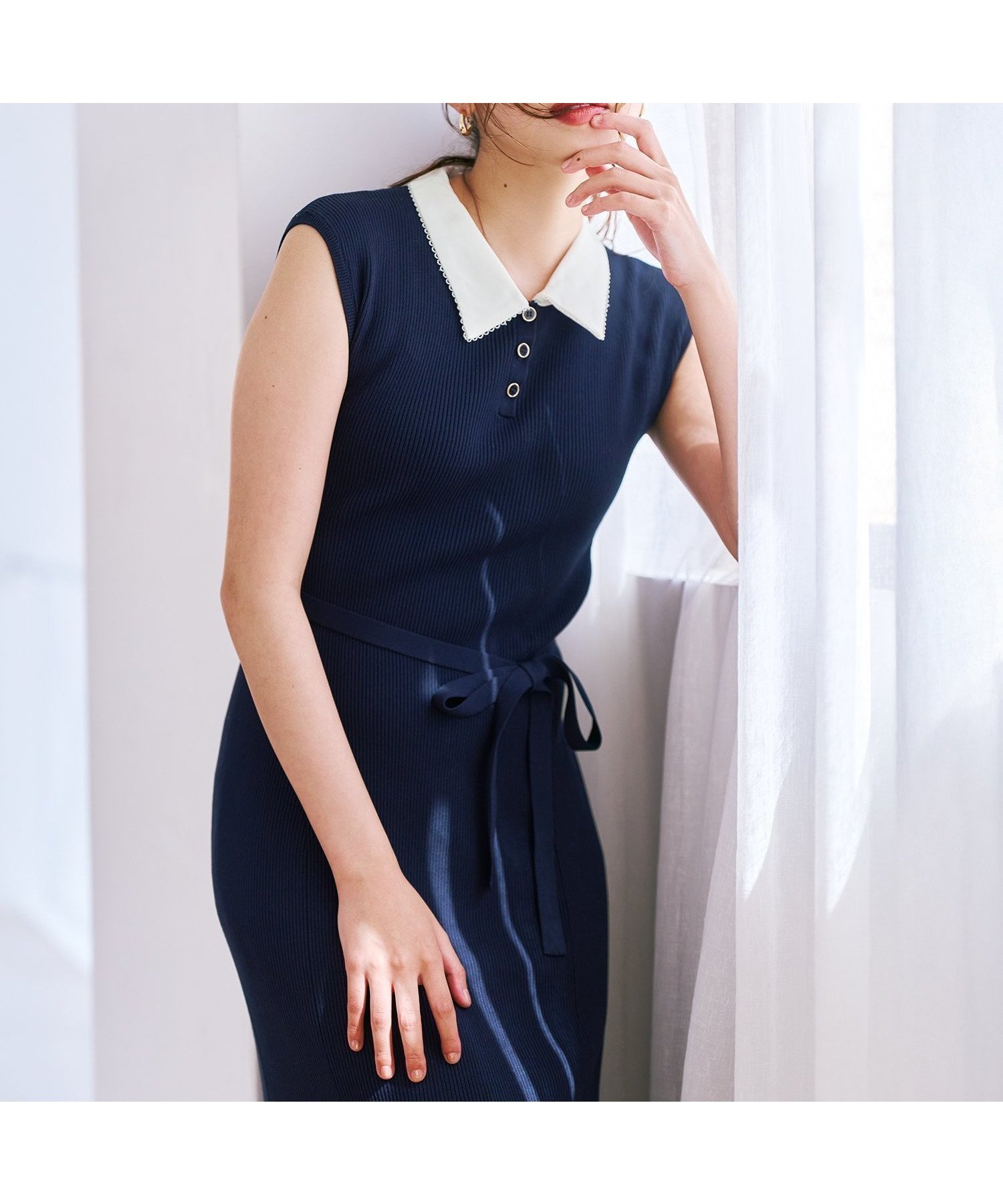 【ミッシュマッシュ/MISCH MASCH】のポロ襟マーメイドニットワンピース MM627429 インテリア・キッズ・メンズ・レディースファッション・服の通販 founy(ファウニー) 　ファッション　Fashion　レディースファッション　Fashion for Women　ワンピース　Dresses　ニットワンピース　Knit Dresses　トレンド　Trend, Trending Now　フェミニン　Feminine, Girly　マーメイド　Mermaid, Fishtail Silhouette　リボン　Ribbon, Bow　レース　Lace, Lace Fabric　ネイビー|ID: prp329100004992671 ipo3291000000037390525