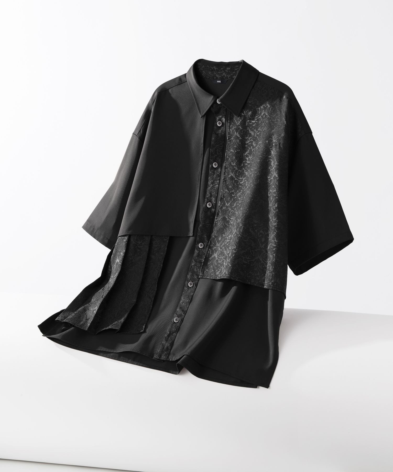 【ハレ/HARE / MEN】のジャガードプリーツフラシシャツ インテリア・キッズ・メンズ・レディースファッション・服の通販 founy(ファウニー) 　ファッション　Fashion　メンズファッション　Fashion for Men　アシンメトリー　Asymmetrical Style　フロント　Front, Front Design　プリーツ　Pleats, Pleated　エレガント 上品　Elegant　ブラック09|ID: prp329100004992839 ipo3291000000037393583