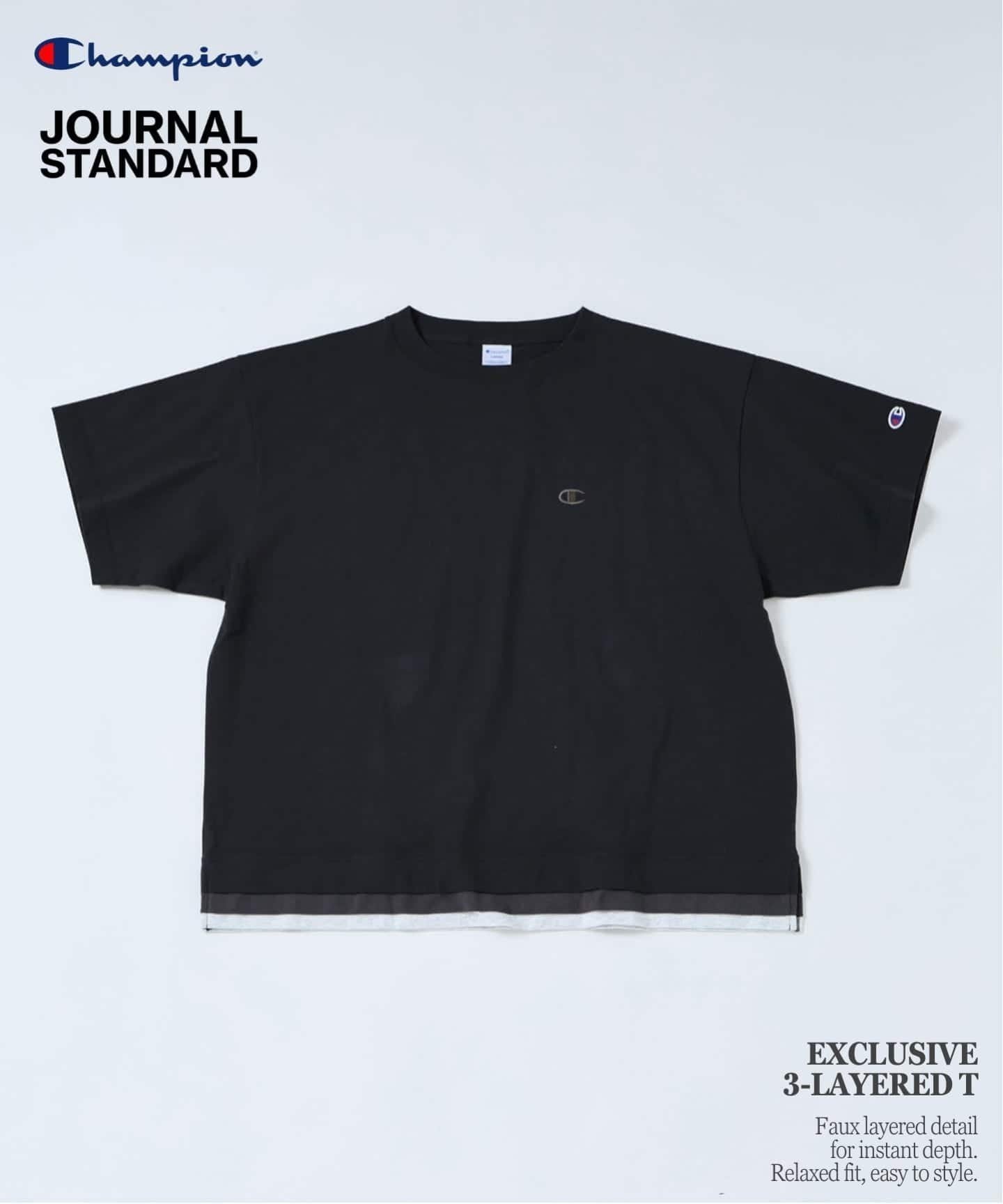 【ジャーナルスタンダード/JOURNAL STANDARD / MEN】のCHAMPION / チャンピオン for JOURNAL STANDARD 3 レイヤード 半袖 Tシャツ インテリア・キッズ・メンズ・レディースファッション・服の通販 founy(ファウニー) 　ファッション　Fashion　メンズファッション　Fashion for Men　インナー　Innerwear　ショート　Short, Short Length　シンプル　Simple, Minimal　スポーツ　Sports, Activewear　スリーブ　Sleeve, Long Sleeve / Short Sleeve　ニューヨーク　New York, NYC Style　バランス　Balance, Style Balance　パターン　Pattern, Design Print　別注　Limited Edition, Custom Order　半袖　Short Sleeve, Half Sleeve　リラックス　Relax, Relaxed Fit　ルーズ　Loose, Oversized　ブラック|ID: prp329100004992859 ipo3291000000037393682