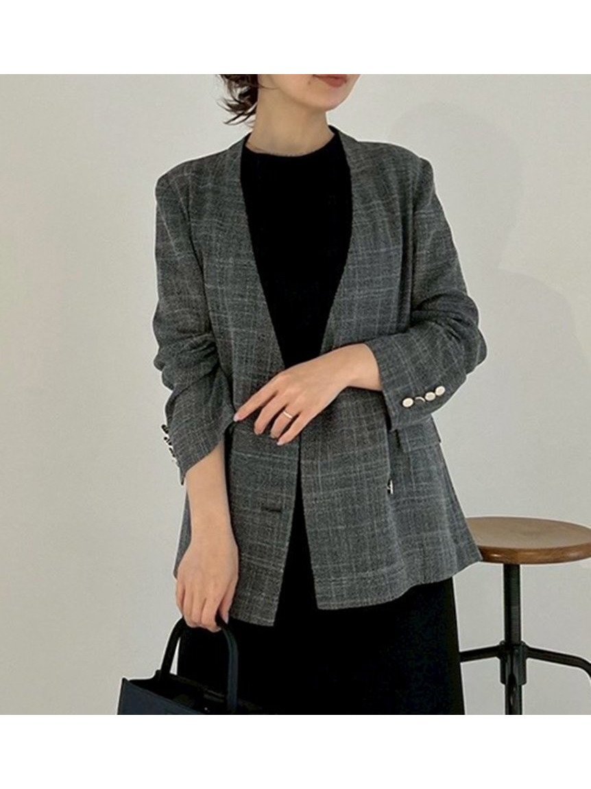 【フレイ アイディー/FRAY I.D】のノーカラーセミシアーカラミジャケット インテリア・キッズ・メンズ・レディースファッション・服の通販 founy(ファウニー) 　ファッション　Fashion　レディースファッション　Fashion for Women　アウター　Coat / Outerwear Collection　レディースジャケット・軽アウター　Jackets　シンプル　Simple, Minimal　ジャケット　Jacket, Outerwear　スマート　Smart, Elegant　デニム　Denim, Jeans Material　ポケット　Pocket, Pocket Detail　おすすめ　Recommended / Our Picks　エレガント 上品　Elegant　BLK[009]|ID: prp329100004992871 ipo3291000000037393947
