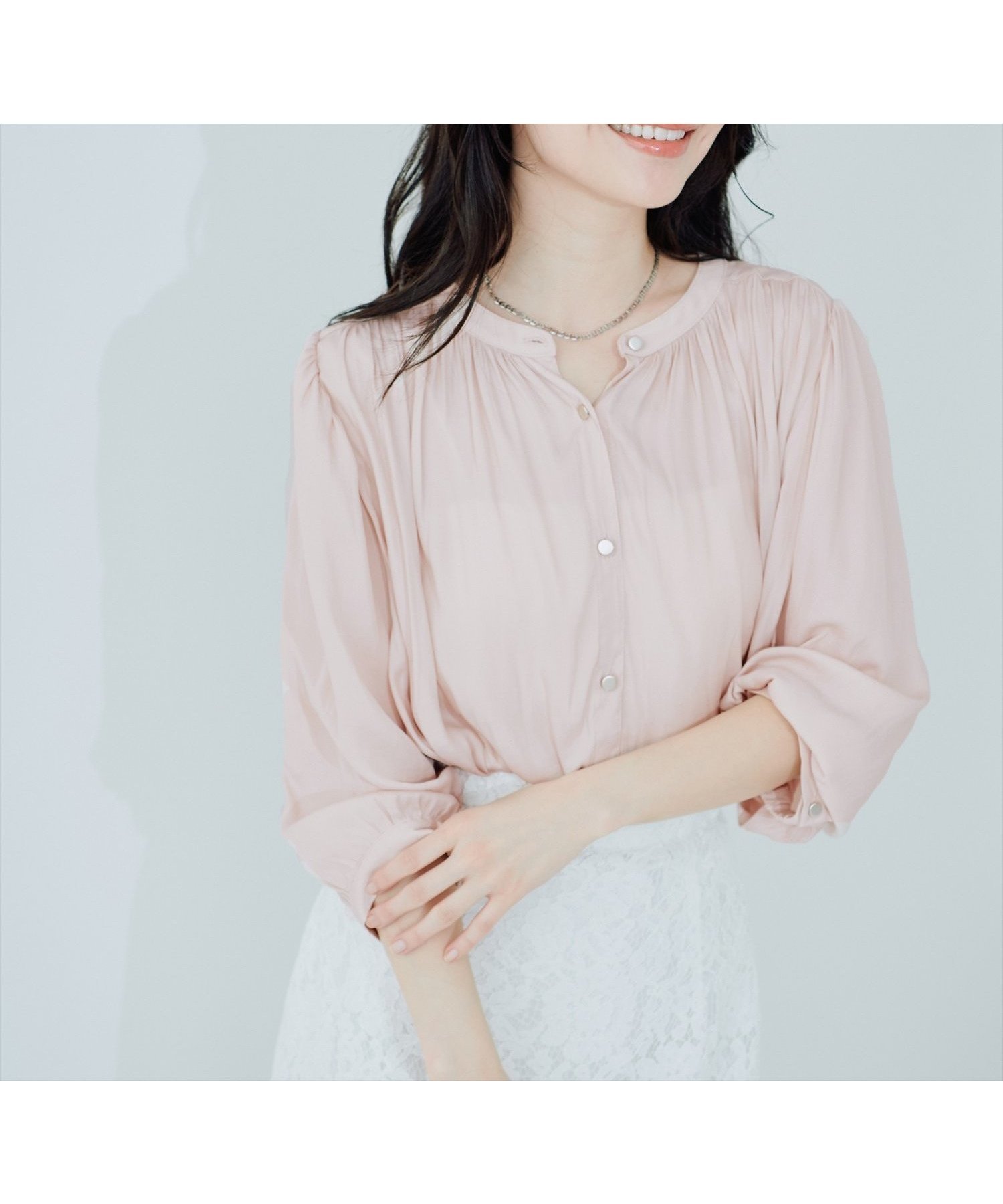 【ナチュラルクチュール/natural couture】のとろみサテン7分袖ブラウス インテリア・キッズ・メンズ・レディースファッション・服の通販 founy(ファウニー) 　ファッション　Fashion　レディースファッション　Fashion for Women　トップス・カットソー　Cut & Sew Tops　シャツ・ブラウス・オフィスカジュアル　Elegant Blouses & Button-Ups　カーディガン　Cardigan, Knitwear　ギャザー　Gathered, Ruffled　サテン　Satin, Glossy Fabric　ジャケット　Jacket, Outerwear　とろみ　Fluid, Flowy Fabric　デニム　Denim, Jeans Material　フレア　Flare, Flared　マーメイド　Mermaid, Fishtail Silhouette　ロング　Long, Long-Length　再入荷　Restock / Back in Stock　2026年　2026　2026春夏・S/S　Spring/Summer 2026 SS26　ピンク|ID: prp329100004992916 ipo3291000000037394329