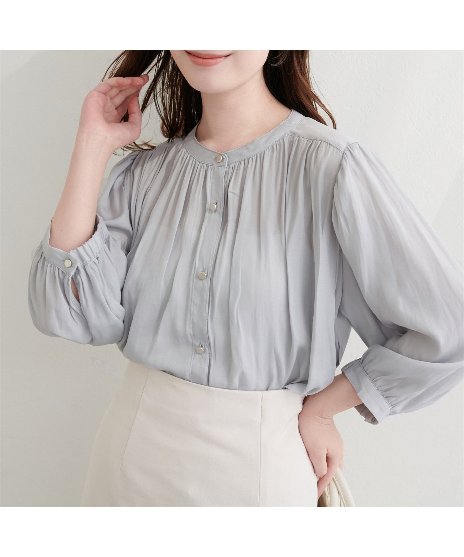 【ナチュラルクチュール/natural couture】のとろみサテン7分袖ブラウス インテリア・キッズ・メンズ・レディースファッション・服の通販 founy(ファウニー) 　ファッション　Fashion　レディースファッション　Fashion for Women　トップス・カットソー　Cut & Sew Tops　シャツ・ブラウス・オフィスカジュアル　Elegant Blouses & Button-Ups　カーディガン　Cardigan, Knitwear　ギャザー　Gathered, Ruffled　サテン　Satin, Glossy Fabric　ジャケット　Jacket, Outerwear　とろみ　Fluid, Flowy Fabric　デニム　Denim, Jeans Material　フレア　Flare, Flared　マーメイド　Mermaid, Fishtail Silhouette　ロング　Long, Long-Length　再入荷　Restock / Back in Stock　2026年　2026　2026春夏・S/S　Spring/Summer 2026 SS26　サックスブルー|ID: prp329100004992916 ipo3291000000037394332