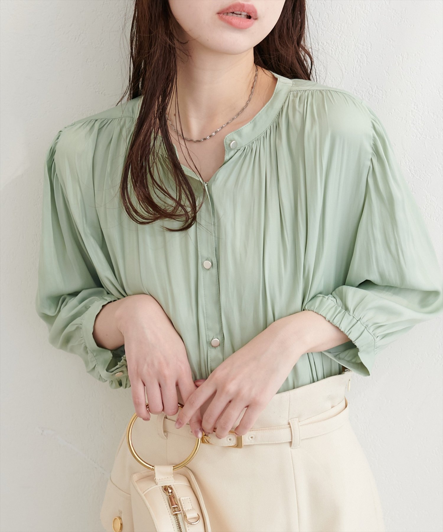 【ナチュラルクチュール/natural couture】のとろみサテン7分袖ブラウス インテリア・キッズ・メンズ・レディースファッション・服の通販 founy(ファウニー) 　ファッション　Fashion　レディースファッション　Fashion for Women　トップス・カットソー　Cut & Sew Tops　シャツ・ブラウス・オフィスカジュアル　Elegant Blouses & Button-Ups　カーディガン　Cardigan, Knitwear　ギャザー　Gathered, Ruffled　サテン　Satin, Glossy Fabric　ジャケット　Jacket, Outerwear　とろみ　Fluid, Flowy Fabric　デニム　Denim, Jeans Material　フレア　Flare, Flared　マーメイド　Mermaid, Fishtail Silhouette　ロング　Long, Long-Length　再入荷　Restock / Back in Stock　2026年　2026　2026春夏・S/S　Spring/Summer 2026 SS26　ミント|ID: prp329100004992916 ipo3291000000037394334
