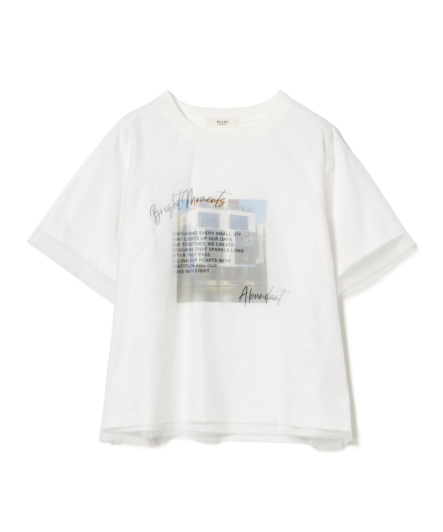 【ビームス ハート/BEAMS HEART】のフォト チュール Tシャツ インテリア・キッズ・メンズ・レディースファッション・服の通販 founy(ファウニー) 　ファッション　Fashion　レディースファッション　Fashion for Women　トップス・カットソー　Cut & Sew Tops　シャツ・ブラウス・オフィスカジュアル　Elegant Blouses & Button-Ups　ロングTシャツ・Tシャツ　Longline T-Shirts & Tees　グラフィック　Graphic, Graphic Design　チュール　Tulip, Tulip Motif　デニム　Denim, Jeans Material　フロント　Front, Front Design　プリント　Print, Printed Pattern　OFF_WHITE|ID: prp329100004992940 ipo3291000000037394532