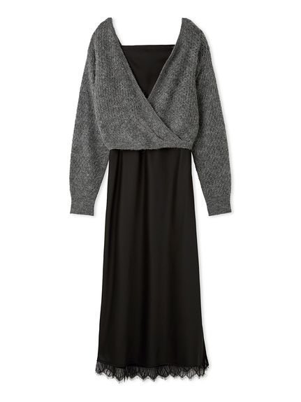 【フレイ アイディー/FRAY I.D】のサテンキャミクロシェニットアンサンブル インテリア・キッズ・メンズ・レディースファッション・服の通販 founy(ファウニー) 　ファッション　Fashion　レディースファッション　Fashion for Women　トップス・カットソー　Cut & Sew Tops　ニット　Knit Tops & Sweaters　アンサンブルニット　Knit Ensembles & Twin Sets　キャミソール&ノースリーブ　Camisoles & Sleeveless Tops　アンサンブル　Ensemble Set　カシュクール　Wrap Design　キャミワンピース　Cami Dress, Slip Dress　クロシェ　Crochet, Knitted Lace　サテン　Satin, Glossy Fabric　スマート　Smart, Elegant　スリム　Slim, Slim Fit　フィット　Fit, Slim Fit　フロント　Front, Front Design　ヘムライン　Hemline, Bottom Cut　モダン　Modern, Contemporary　ラップ　Wrap, Wrap Design　リボン　Ribbon, Bow　レース　Lace, Lace Fabric　GRY[006]|ID: prp329100004993213 ipo3291000000037396437