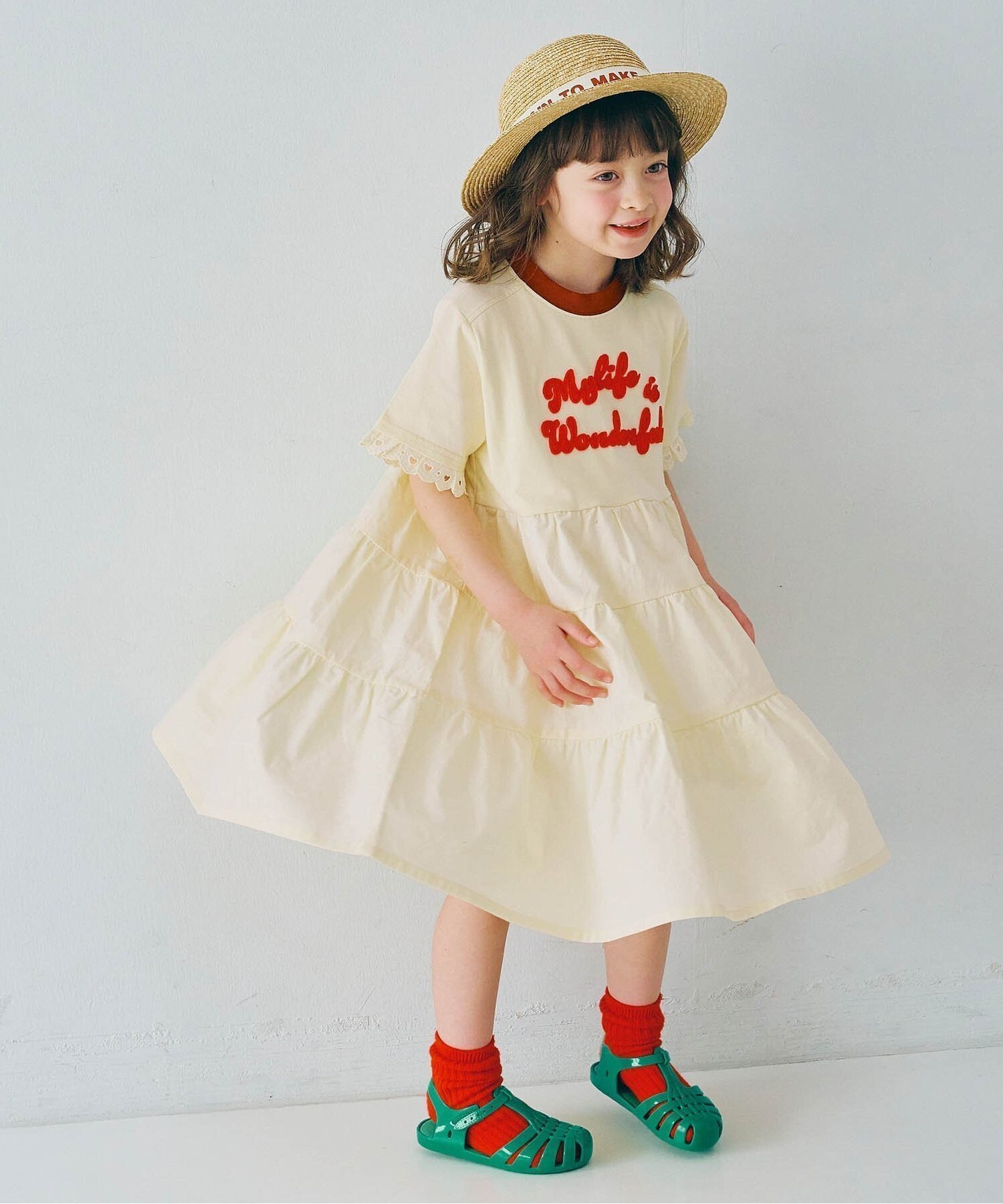 【エフオー オンラインストア/F.O.Online Store / KIDS】のフェルトリンガーTティアードワンピース リンク インテリア・キッズ・メンズ・レディースファッション・服の通販 founy(ファウニー) 　ファッション　Fashion　キッズファッション　Fashion for Kids　ワンピース　Dresses　おすすめ　Recommended / Our Picks　コンビ　Combo, Combination Style　ティアードワンピース　Tiered Dress, Flared Dress　フェルト　Felt, Felt Fabric　ブロード　Broadcloth, Fine Cotton　レース　Lace, Lace Fabric　ロンパース　Romper, Jumpsuit　アイボリー|ID: prp329100004993343 ipo3291000000037397918