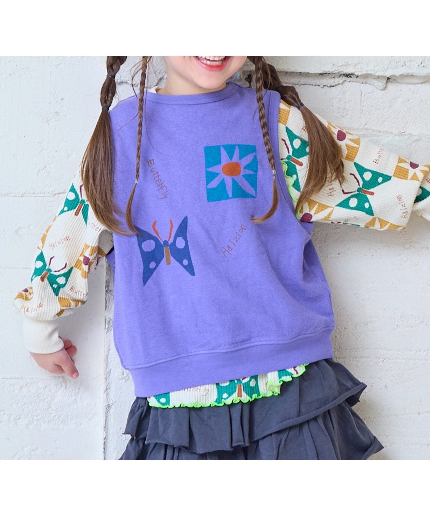 【マーキーズ/MARKEY'S / KIDS】のパイルクルーベスト インテリア・キッズ・メンズ・レディースファッション・服の通販 founy(ファウニー) 　ファッション　Fashion　キッズファッション　Fashion for Kids　吸水　Absorbent, Quick-Dry　タオル　Towel, Bath Towel　手描き　Hand-Drawn, Illustrated　ノースリーブ　Sleeveless, No-Sleeve　バタフライ　Butterfly, Butterfly Motif　バランス　Balance, Style Balance　フラワー　Flower, Floral　フロント　Front, Front Design　プリント　Print, Printed Pattern　ベスト　Vest, Waistcoat　モチーフ　Motif, Design Theme　リラックス　Relax, Relaxed Fit　再入荷　Restock / Back in Stock　ラベンダー|ID: prp329100004993374 ipo3291000000037398246