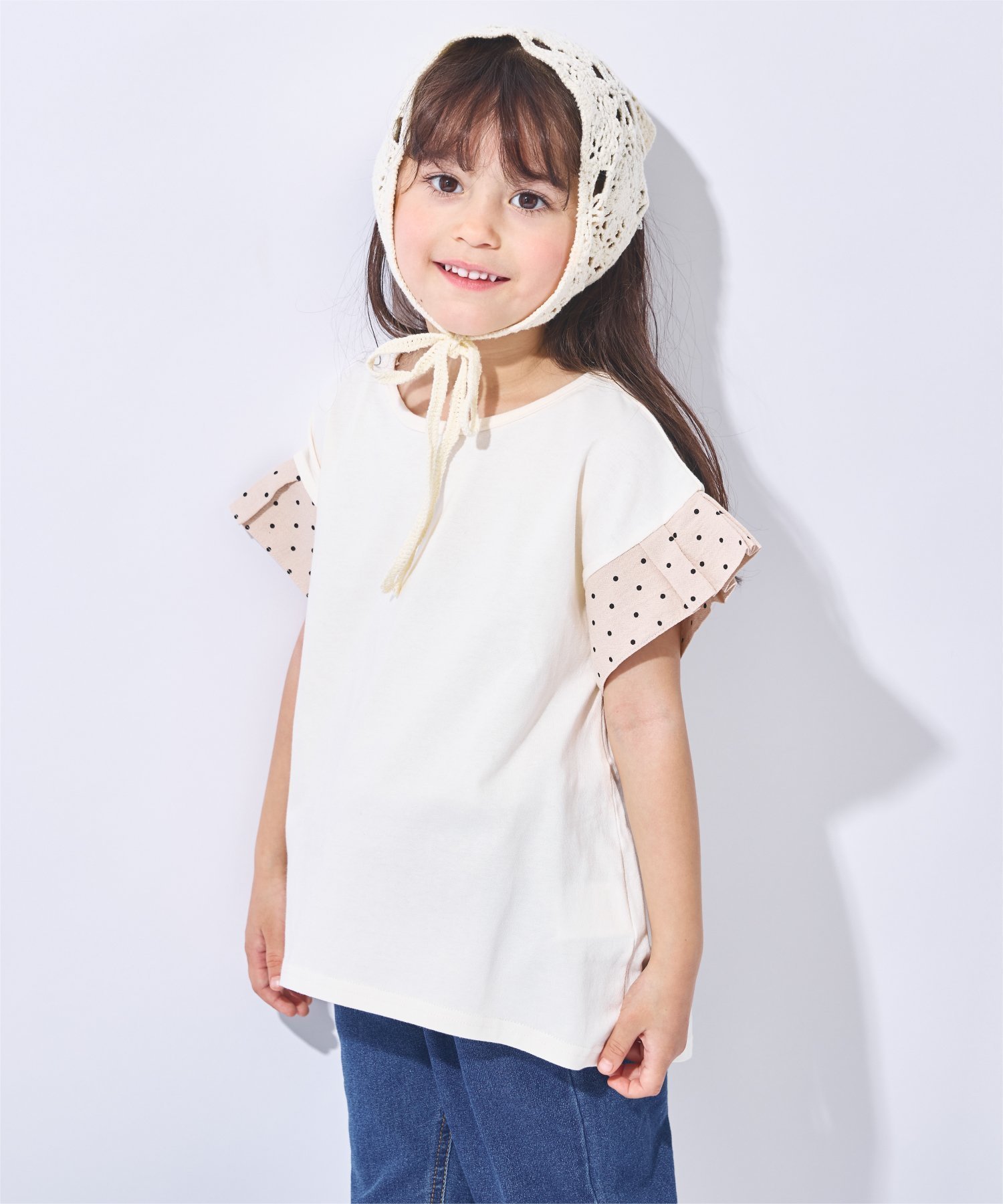 【エバ―クローゼット/ever closet / KIDS】の袖フリル 半袖 Tシャツ トップス 配色 綿 リボン 花柄 女の子 子供 子供服 インテリア・キッズ・メンズ・レディースファッション・服の通販 founy(ファウニー) 　ファッション　Fashion　キッズファッション　Fashion for Kids　トップス・カットソー　Cut & Sew Tops　カットソー　Cut and Sewn Top　トレンド　Trend, Trending Now　ドット　Polka Dot, Dot Pattern　フラワー　Flower, Floral　フリル　Frill, Ruffle　半袖　Short Sleeve, Half Sleeve　ミックス　Mix, Mixed Style　リボン　Ribbon, Bow　再入荷　Restock / Back in Stock　エレガント 上品　Elegant　アイボリードット|ID: prp329100004993425 ipo3291000000037398703