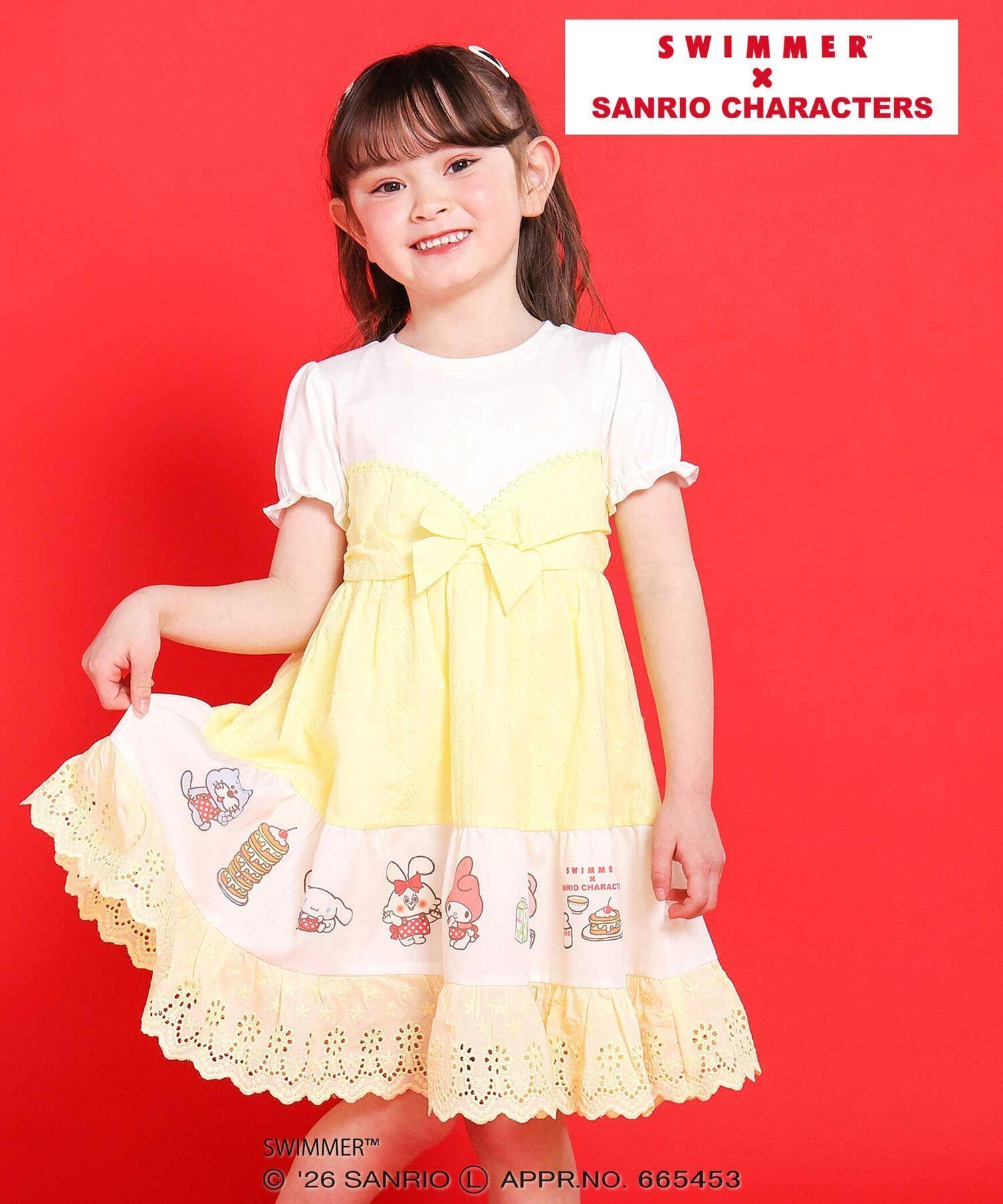 【ベベ オンライン ストア/BEBE ONLINE STORE / KIDS】の【SWIMMERxサンリオキャラクターズxSLAPSLIP】フレアスカートレース付きワンピース(80~130cm) インテリア・キッズ・メンズ・レディースファッション・服の通販 founy(ファウニー) 　ファッション　Fashion　キッズファッション　Fashion for Kids　イエロー　Yellow　春　Spring　ガーリー　Girly, Feminine Style　コラボ　Collaboration, Collab　コレクション　Collection, Seasonal Line　スリーブ　Sleeve, Long Sleeve / Short Sleeve　ハンカチ　Handkerchief, Hanky　フィット　Fit, Slim Fit　フレンチ　French, French Style　ブロード　Broadcloth, Fine Cotton　プリント　Print, Printed Pattern　半袖　Short Sleeve, Half Sleeve　リボン　Ribbon, Bow　リュック　Backpack, Rucksack　レース　Lace, Lace Fabric　S/S・春夏　SS, Spring/Summer, Warm Season　夏　Summer　エレガント 上品　Elegant　2026年　2026　2026春夏・S/S　Spring/Summer 2026 SS26　イエロー系|ID: prp329100004993432 ipo3291000000037398851