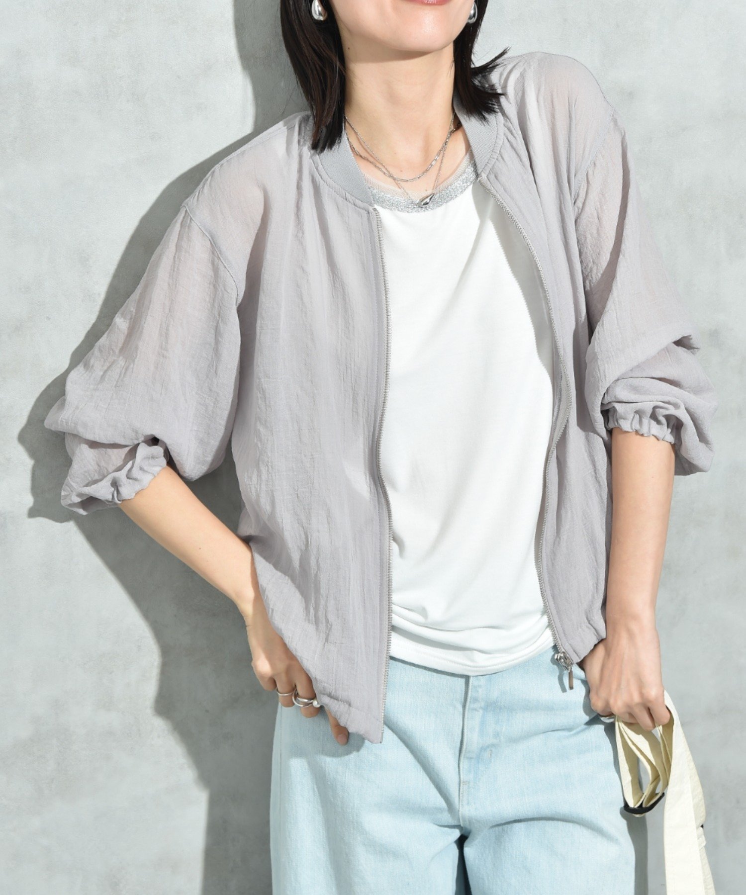 【インタープラネット/INTERPLANET】のEボイルブルゾン インテリア・キッズ・メンズ・レディースファッション・服の通販 founy(ファウニー) 　ファッション　Fashion　レディースファッション　Fashion for Women　アウター　Coat / Outerwear Collection　ブルゾンジャケット・スポーティアウター　Blouson Jackets　おすすめ　Recommended / Our Picks　キャミワンピース　Cami Dress, Slip Dress　シアー　Sheer, See-Through　シンプル　Simple, Minimal　デニム　Denim, Jeans Material　トレンド　Trend, Trending Now　ブルゾン　Blouson, Bomber Jacket　ベーシック　Basic, Essential　リラックス　Relax, Relaxed Fit　ワイド　Wide, Wide Fit　今季　This Season, Current Season　ビジネス 仕事 通勤　Business / Work / Commuting　ライトグレー|ID: prp329100004993553 ipo3291000000037399998