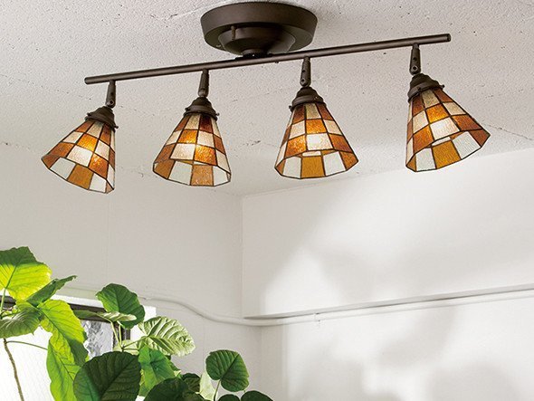 【フライミー ファクトリー/FLYMEe Factory / GOODS】のCUSTOM SERIES 4 Ceiling Lamp × Stained Glass Checker / カスタムシリーズ 4灯シーリングランプ × ステンドグラス(チェッカー) インテリア・キッズ・メンズ・レディースファッション・服の通販 founy(ファニー) 　送料無料　Free Shipping　イエロー　Yellow　オレンジ　Orange　ハンド　Hand　ホーム・キャンプ・アウトドア・お取り寄せ　Home,Garden,Outdoor,Camping Gear　家具・インテリア　Furniture　ライト・照明　Lighting & Light Fixtures　シーリングライト　Ceiling Light　器具本体:ビンテージメタル|ID: prp329100000001882 ipo3291000000031686658