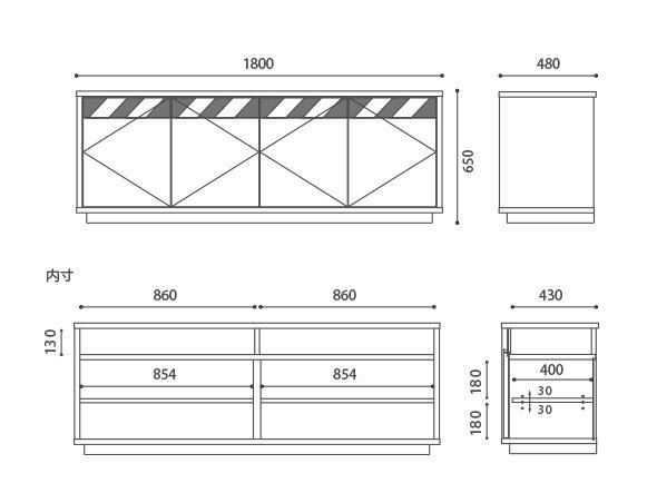 【マスターウォール/MASTERWAL / GOODS】のBASS LIVING BOARD / バス リビングボード(奥行48cm) インテリア・キッズ・メンズ・レディースファッション・服の通販 founy(ファニー) ガラス Glass, Glassware スマート Smart, Elegant ホーム・キャンプ・アウトドア・お取り寄せ Home Living / Home & Lifestyle / Camping Gear / Outdoor Camping 家具・インテリア Home Furniture & Interior. Stylish & Functional Living Spaces 収納家具・キャビネット Storage Furniture サイドボード・リビング収納 Cabinet / Storage Cabinet 寸法図(幅180cm)|ID: prp329100000002865 ipo3291000000036798175