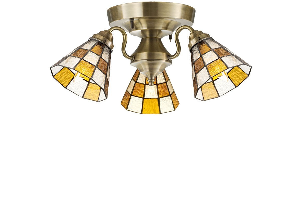 【フライミー ファクトリー/FLYMEe Factory / GOODS】のCUSTOM SERIES 3 Ceiling Lamp × Stained Glass Checker / カスタムシリーズ 3灯シーリングランプ × ステンドグラス(チェッカー) インテリア・キッズ・メンズ・レディースファッション・服の通販 founy(ファニー) 　送料無料　Free Shipping　アンティーク　Antique　イエロー　Yellow　オレンジ　Orange　ハンド　Hand　ホーム・キャンプ・アウトドア・お取り寄せ　Home,Garden,Outdoor,Camping Gear　家具・インテリア　Furniture　ライト・照明　Lighting & Light Fixtures　シーリングライト　Ceiling Light　器具本体:ゴールド|ID: prp329100000008783 ipo3291000000007916485