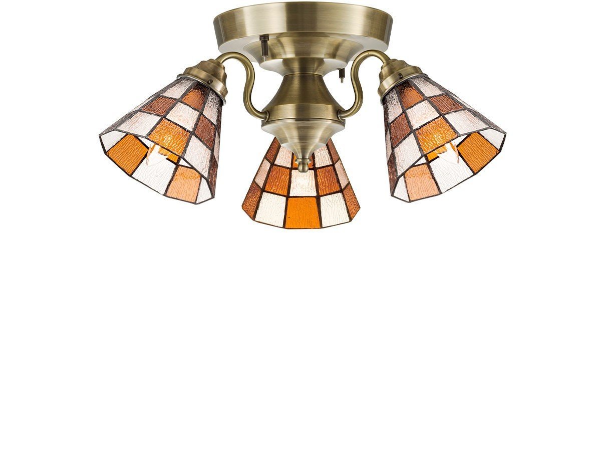 【フライミー ファクトリー/FLYMEe Factory / GOODS】のCUSTOM SERIES 3 Ceiling Lamp × Stained Glass Checker / カスタムシリーズ 3灯シーリングランプ × ステンドグラス(チェッカー) インテリア・キッズ・メンズ・レディースファッション・服の通販 founy(ファニー) 　送料無料　Free Shipping　アンティーク　Antique　イエロー　Yellow　オレンジ　Orange　ハンド　Hand　ホーム・キャンプ・アウトドア・お取り寄せ　Home,Garden,Outdoor,Camping Gear　家具・インテリア　Furniture　ライト・照明　Lighting & Light Fixtures　シーリングライト　Ceiling Light　器具本体:ゴールド|ID: prp329100000008783 ipo3291000000031902971