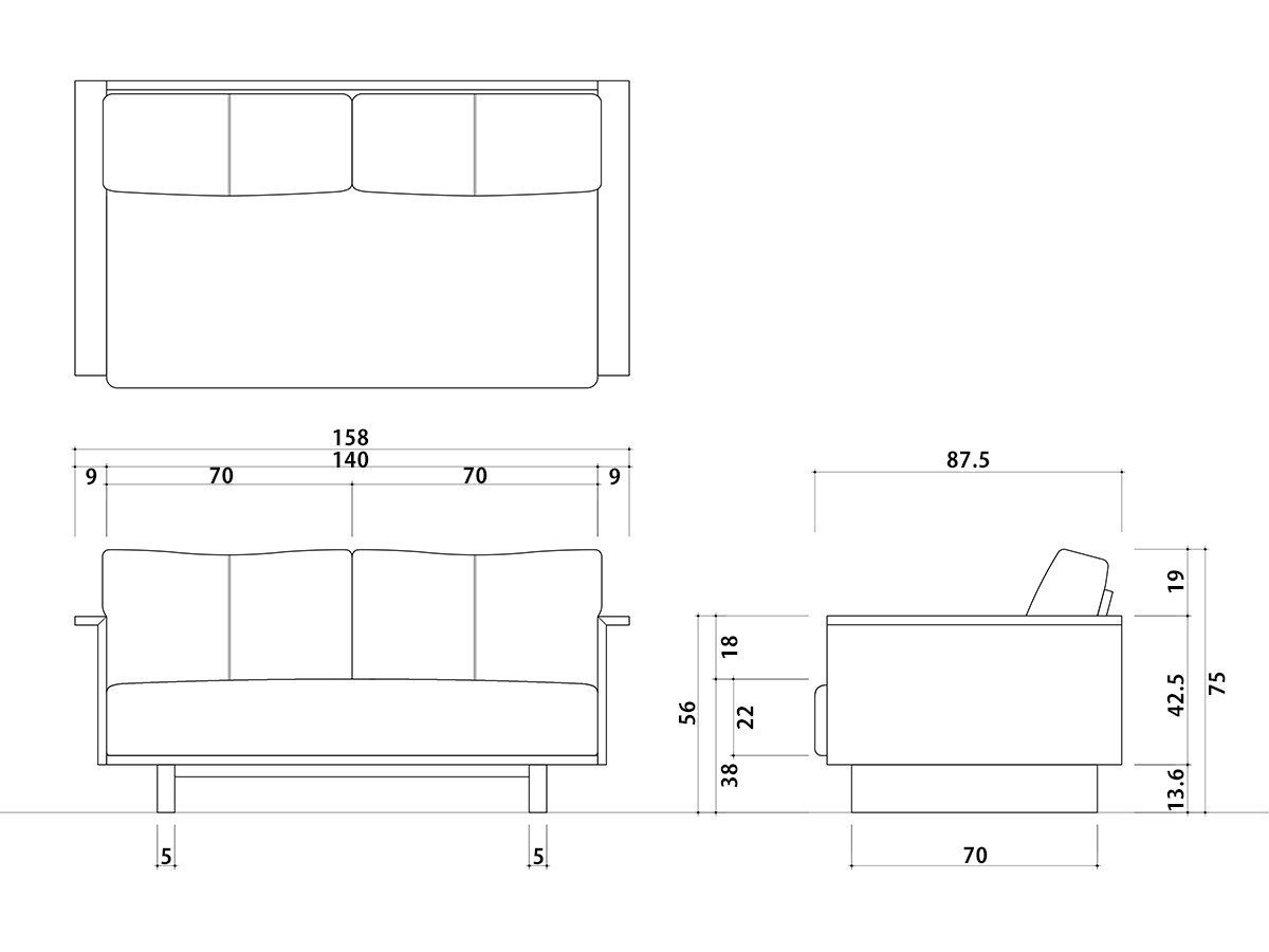 【ヒラシマ/HIRASHIMA / GOODS】のCARAMELLA C Sofa / カラメッラ C ソファ インテリア・キッズ・メンズ・レディースファッション・服の通販 founy(ファニー) 　クッション　Cushion, Throw Pillow　スプリング　Spring, Spring Collection　なめらか　Smooth, Silky Texture　フレーム　Frame, Outline　ホーム・キャンプ・アウトドア・お取り寄せ　Home Living / Home & Lifestyle / Camping Gear / Outdoor Camping　家具・インテリア　Home Furniture & Interior. Stylish & Functional Living Spaces　ソファー　Couches & Sofas　カウチソファ・シェーズロング　Chaise Lounge Sofas　「幅158cm(ソファ単品)」寸法図|ID: prp329100003218017 ipo3291000000036854181