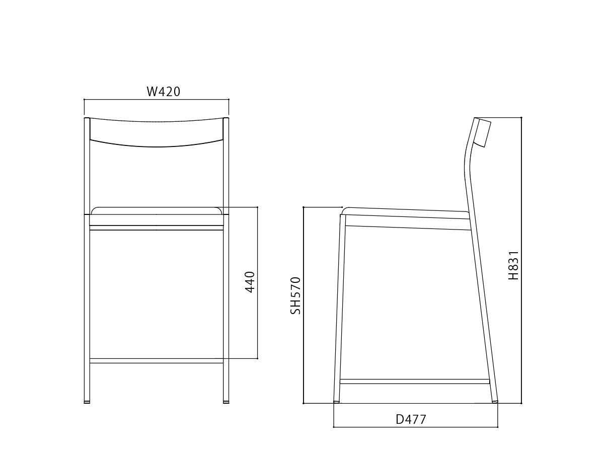 【杉山製作所/Sugiyama Seisakusho / GOODS】のCoFe PF COUNTER CHAIR / コフェ PF カウンターチェア インテリア・キッズ・メンズ・レディースファッション・服の通販 founy(ファニー) 　送料無料　Free Shipping　シンプル　Simple, Minimal　フラット　Flat, Flat Shoes　フレーム　Frame, Outline　ホーム・キャンプ・アウトドア・お取り寄せ　Home Living / Home & Lifestyle / Camping Gear / Outdoor Camping　家具・インテリア　Home Furniture & Interior. Stylish & Functional Living Spaces　チェア・椅子　Seating & Chairs　カウンターチェア・ハイチェア　Bar Stools / High Stools　「座面高57cm」寸法図|ID: prp329100003371361 ipo3291000000033217739