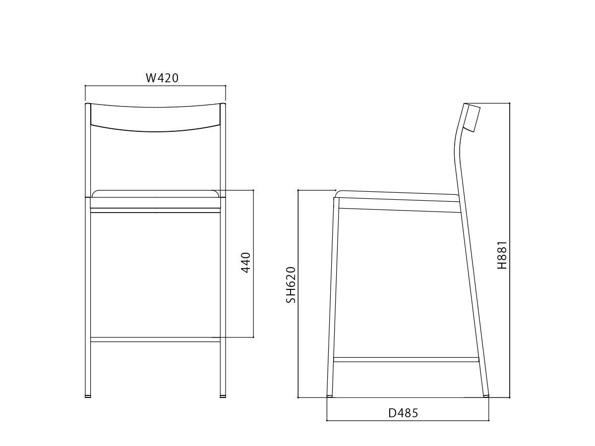 【杉山製作所/Sugiyama Seisakusho / GOODS】のCoFe PF COUNTER CHAIR / コフェ PF カウンターチェア インテリア・キッズ・メンズ・レディースファッション・服の通販 founy(ファニー) 　送料無料　Free Shipping　シンプル　Simple, Minimal　フラット　Flat, Flat Shoes　フレーム　Frame, Outline　ホーム・キャンプ・アウトドア・お取り寄せ　Home Living / Home & Lifestyle / Camping Gear / Outdoor Camping　家具・インテリア　Home Furniture & Interior. Stylish & Functional Living Spaces　チェア・椅子　Seating & Chairs　カウンターチェア・ハイチェア　Bar Stools / High Stools　「座面高62cm」寸法図|ID: prp329100003371361 ipo3291000000033217740