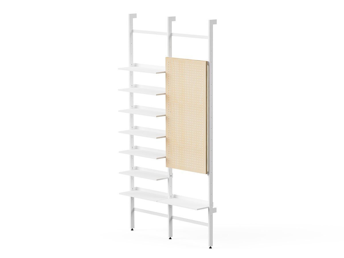 【スティール/stiiilll / GOODS】のShelf double 8plate wood pegboard set / シェルフ 2台 8段 + ウッドペグボード セット インテリア・キッズ・メンズ・レディースファッション・服の通販 founy(ファニー) 　スリム　Slim, Slim Fit　フォルム　Silhouette, Form　フレーム　Frame, Outline　プレート　Plate, Dish　モダン　Modern, Contemporary　ホーム・キャンプ・アウトドア・お取り寄せ　Home Living / Home & Lifestyle / Camping Gear / Outdoor Camping　家具・インテリア　Home Furniture & Interior. Stylish & Functional Living Spaces　収納家具・キャビネット　Storage Furniture　シェルフ・オープンラック・収納棚　Open Shelf Rack　取付仕様:壁面ビス固定、ホワイト|ID: prp329100004806400 ipo3291000000034877588