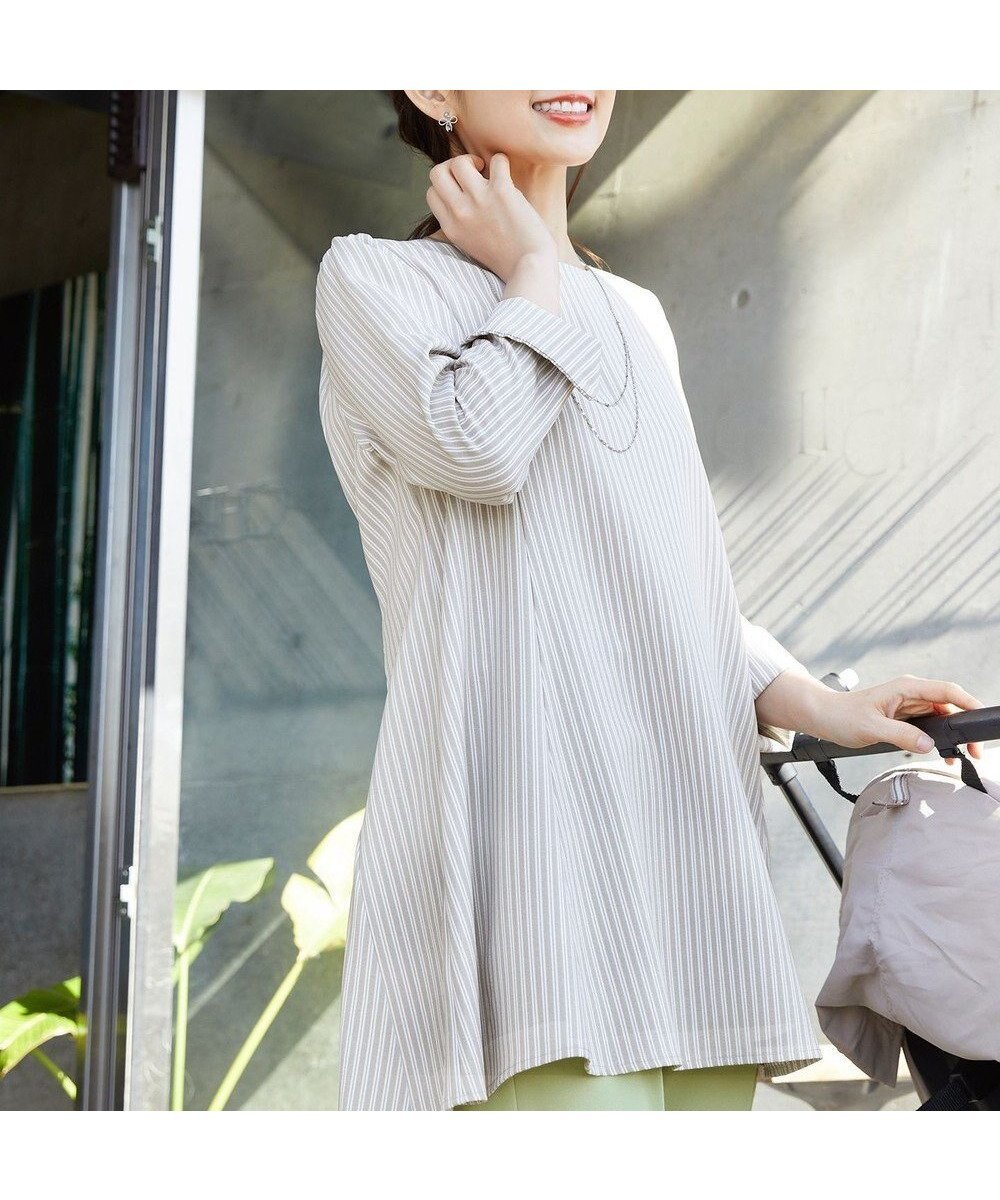 【ティアクラッセ/Tiaclasse】の【小倉優子さん着用・選べる袖TYPE・洗える】バックフレアチュニック インテリア・キッズ・メンズ・レディースファッション・服の通販 founy(ファニー) 　ファッション　Fashion　レディースファッション　Fashion for Women　トップス・カットソー　Cut & Sew Tops　シャツ・ブラウス・オフィスカジュアル　Elegant Blouses & Button-Ups　アクセサリー　Fashion Accessories　ウォッシャブル　Machine Washable　春　Spring　洗える　Machine Washable　秋　Autumn　カーディガン　Cardigan, Knitwear　ギンガム　Gingham, Gingham Fabric　ストライプ　Stripe, Striped Pattern　スリーブ　Sleeve, Long Sleeve / Short Sleeve　ターコイズ　Turquoise, Blue-Green　チェック　Check, Plaid, Tartan　チュニック　Tunic, Long Top　ドット　Polka Dot, Dot Pattern　ドレープ　Drape, Draping Fabric　フレア　Flare, Flared　プリント　Print, Printed Pattern　ポケット　Pocket, Pocket Detail　半袖　Short Sleeve, Half Sleeve　無地　Plain, Solid Color　ラウンド　Round, Round Neck　ロング　Long, Long-Length　冬　Winter / This Winter　S/S・春夏　SS, Spring/Summer, Warm Season　再入荷　Restock / Back in Stock　夏　Summer　エレガント 上品　Elegant　七分袖グレージュストライプ|ID: prp329100002245379 ipo3291000000033345096