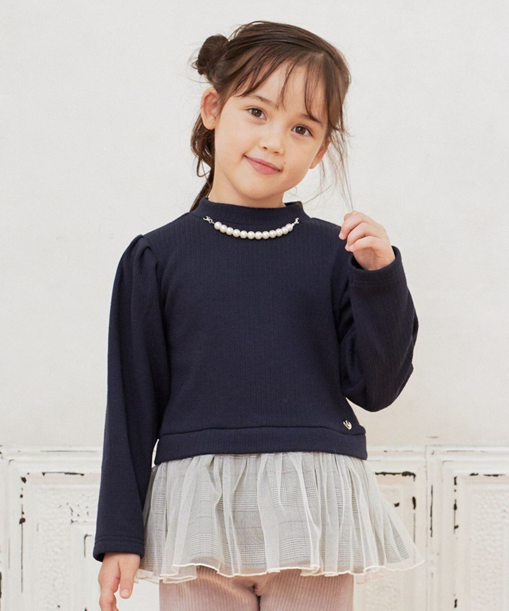 【エニファム/any FAM / KIDS】のパール付きペプラムトレーナー インテリア・キッズ・メンズ・レディースファッション・服の通販 founy(ファニー) 　ファッション　Fashion　キッズファッション　KIDS　トップス・カットソー　Tops/Tees/Kids　A/W・秋冬　Aw・Autumn/Winter・Fw・Fall-Winter　おすすめ　Recommend　スウェット　Sweat　チェック　Check　チャーム　Charm　チュール　Tulle　トレーナー　Trainer　パール　Pearl　ペプラム　Peplum　ポケット　Pocket　エレガント 上品　Elegant　ネイビー|ID: prp329100002883736 ipo3291000000029391207