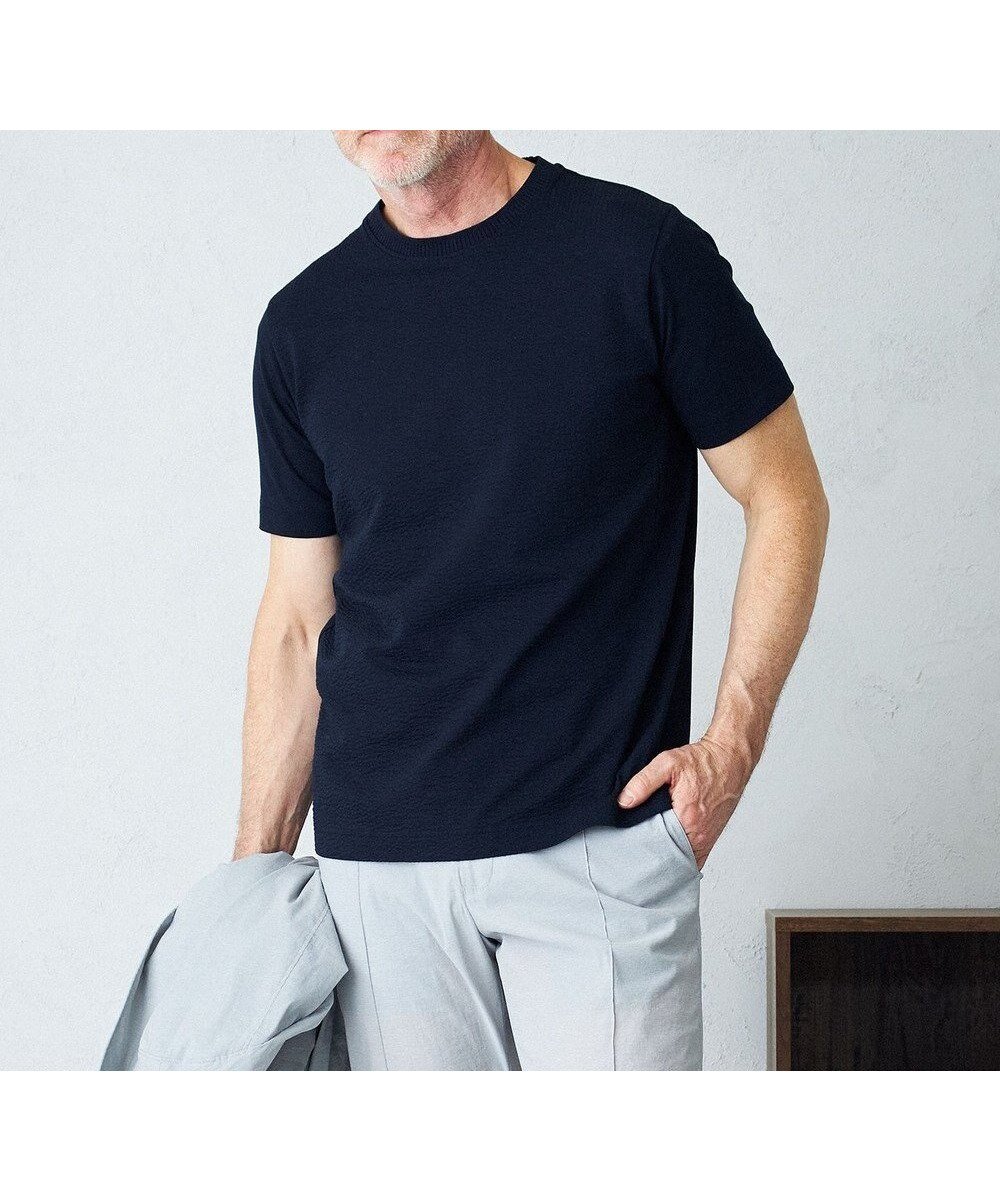 【ジョセフ アブード/JOSEPH ABBOUD / MEN】の【オーガニックコットン使用】JOE COTTONサッカークルーネックTシャツ インテリア・キッズ・メンズ・レディースファッション・服の通販 founy(ファニー) 　ファッション　Fashion　メンズファッション　MEN　トップス・カットソー　Tops/Tshirt/Men　シャツ　Shirts　春　Spring　カットソー　Cut And Sew　コンビ　Combination　サッカー　Soccer　ジャケット　Jacket　別注　Special Order　S/S・春夏　Ss・Spring/Summer　夏　Summer　エレガント 上品　Elegant　ネイビー系|ID: prp329100003185721 ipo3291000000029088581