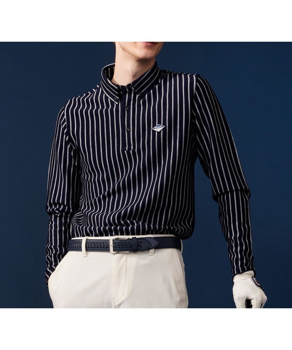 【23区 ゴルフ/23区GOLF / MEN】の【MEN】ストライプ 長袖シャツ インテリア・キッズ・メンズ・レディースファッション・服の通販 founy(ファニー) 　ファッション　Fashion　メンズファッション　MEN　トップス・カットソー　Tops/Tshirt/Men　シャツ　Shirts　ポロシャツ　Polo Shirts　A/W・秋冬　Aw・Autumn/Winter・Fw・Fall-Winter　スウェット　Sweat　ストライプ　Stripe　ストレッチ　Stretch　ベスト　Vest　ポロシャツ　Polo Shirt　人気　Popularity　長袖　Long Sleeve　ネイビー系2|ID: prp329100003681940 ipo3291000000027412807