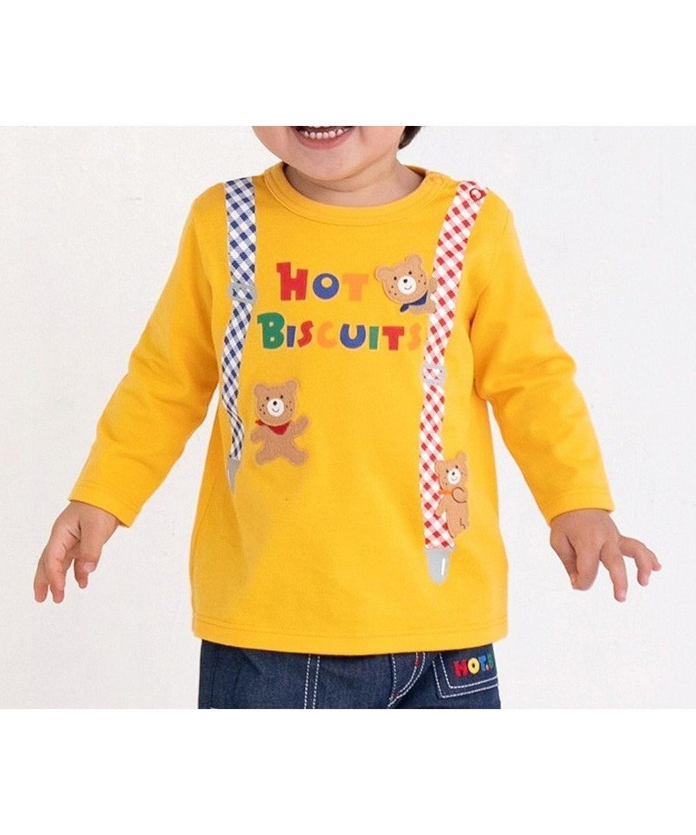 【ミキハウスホットビスケッツ/MIKI HOUSE HOT BISCUITS / KIDS】の【80-120cm】サスペンダーだまし絵 長袖Tシャツ インテリア・キッズ・メンズ・レディースファッション・服の通販 founy(ファニー) 　ファッション　Fashion　キッズファッション　KIDS　トップス・カットソー　Tops/Tees/Kids　A/W・秋冬　Aw・Autumn/Winter・Fw・Fall-Winter　S/S・春夏　Ss・Spring/Summer　おすすめ　Recommend　カットソー　Cut And Sew　ギンガム　Gingham　サスペンダー　Suspenders　チェック　Check　デニム　Denim　夏　Summer　長袖　Long Sleeve　黄|ID: prp329100003764214 ipo3291000000025075967