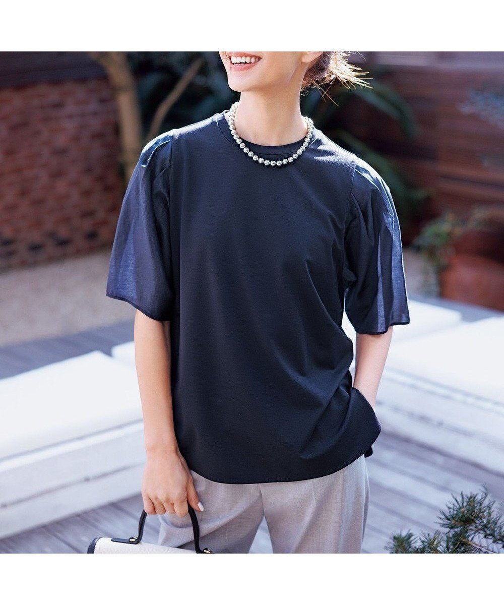 【アンフィーロ 自由区/UNFILO】の【洗える/接触冷感】BEAUTY FORM シアースリーブTシャツ インテリア・キッズ・メンズ・レディースファッション・服の通販 founy(ファニー) 　ファッション　Fashion　レディースファッション　WOMEN　トップス・カットソー　Tops/Tshirt　シャツ/ブラウス　Shirts/Blouses　ロング / Tシャツ　T-Shirts　カットソー　Cut and Sewn　春　Spring　洗える　Washable　カットソー　Cut And Sew　コンビ　Combination　軽量　Lightweight　ストレッチ　Stretch　スリーブ　Sleeve　デニム　Denim　ボトム　Bottom　S/S・春夏　Ss・Spring/Summer　おすすめ　Recommend　夏　Summer　エレガント 上品　Elegant　ネイビー|ID: prp329100003975279 ipo3291000000031087630