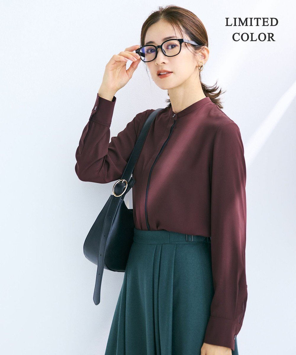 【アイシービー/iCB】の【接触冷感・UVケア・速乾・洗える】BackSatinAmunzen バンドカラーブラウス インテリア・キッズ・メンズ・レディースファッション・服の通販 founy(ファニー) 　ファッション　Fashion　レディースファッション　Fashion for Women　トップス・カットソー　Cut & Sew Tops　シャツ・ブラウス・オフィスカジュアル　Elegant Blouses & Button-Ups　洗える　Machine Washable　サテン　Satin, Glossy Fabric　長袖　Long Sleeve, Full Sleeve　ハイネック　High Neck, Mock Neck　プリント　Print, Printed Pattern　A/W・秋冬　Autumn/Winter　夏　Summer　2024年　2024　セレモニー　Ceremony　2024-2025秋冬・A/W　Autumn/Winter 2024–25 AW24–25　バーガンディ系[WEB限定]|ID: prp329100004094076 ipo3291000000033617587