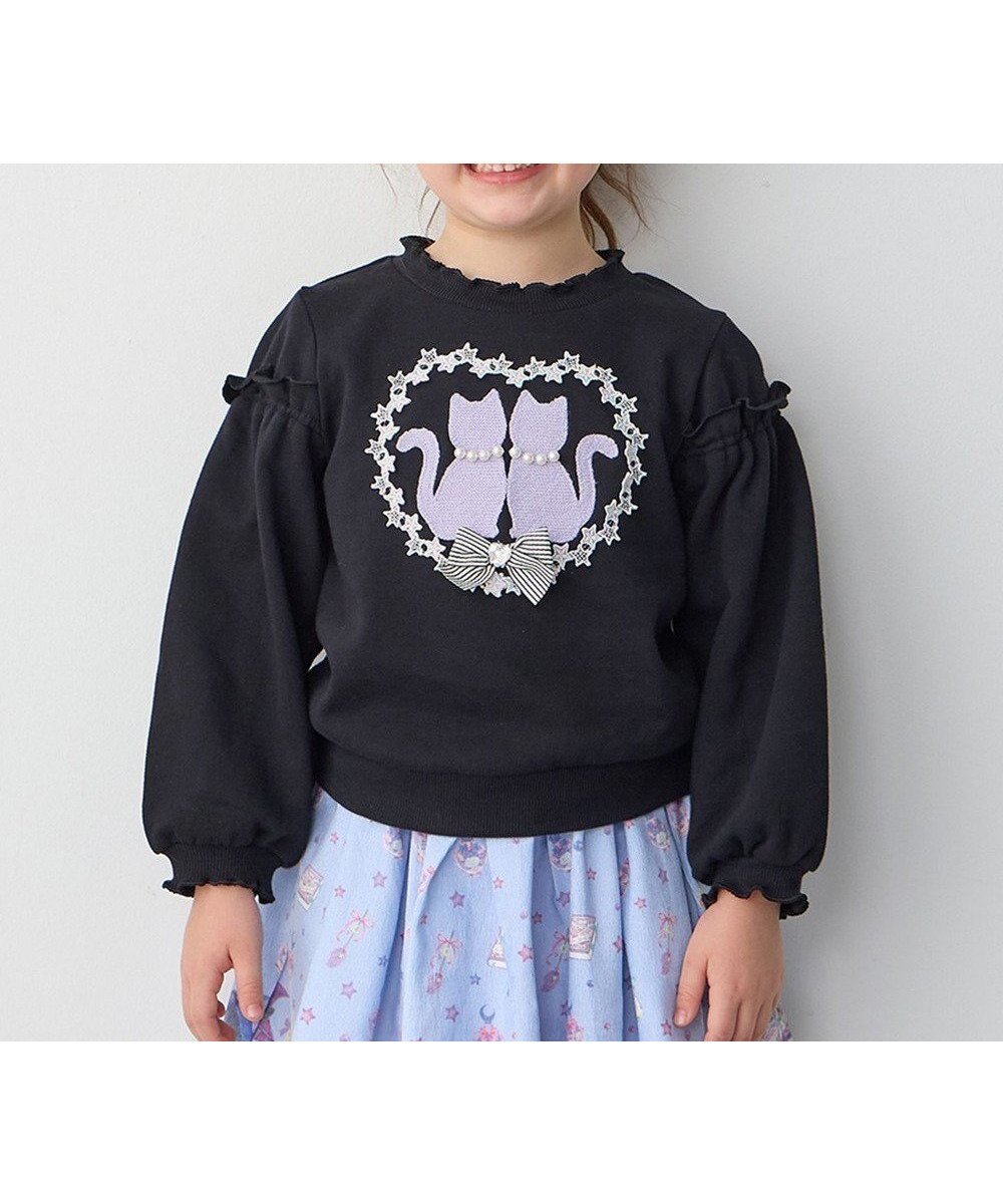 【エニファム/any FAM / KIDS】のネコシルエット裏毛トレーナー インテリア・キッズ・メンズ・レディースファッション・服の通販 founy(ファニー) 　ファッション　Fashion　キッズファッション　Fashion for Kids　トップス・カットソー　Cut & Sew Tops　ガーリー　Girly, Feminine Style　スウェット / スエット　Sweatshirt, Sweatwear　トレーナー　Sweatshirt, Trainer　ネコ　Cat, Feline Motif　ポケット　Pocket, Pocket Detail　リボン　Ribbon, Bow　レース　Lace, Lace Fabric　A/W・秋冬　Autumn/Winter　ブラック|ID: prp329100004136372 ipo3291000000033394582