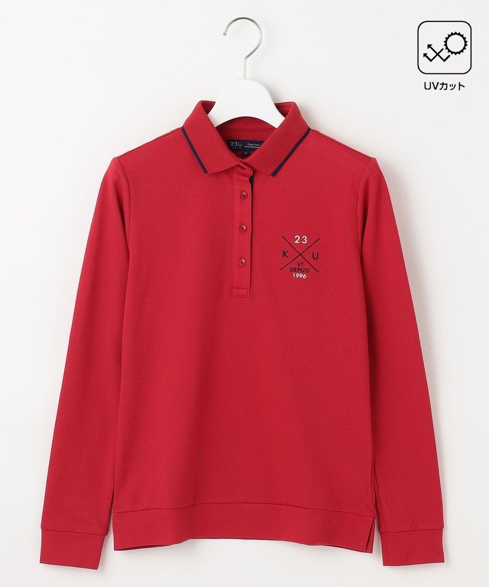 【23区 ゴルフ/NIJYUSANKU GOLF】の【WOMEN】【UVカット】ハニカムカノコ長袖ポロシャツ インテリア・キッズ・メンズ・レディースファッション・服の通販 founy(ファニー) 　ファッション　Fashion　レディースファッション　Fashion for Women　トップス・カットソー　Cut & Sew Tops　シャツ・ブラウス・オフィスカジュアル　Elegant Blouses & Button-Ups　ポロシャツ・きれいめカジュアル　Smart-Casual Polo Tops　インナー　Innerwear　カーディガン　Cardigan, Knitwear　セーター　Sweater, Knitwear　トレンド　Trend, Trending Now　ベスト　Vest, Waistcoat　ベーシック　Basic, Essential　ポロシャツ　Polo Shirt, Collared Tee　定番　Standard, Basic Item　A/W・秋冬　Autumn/Winter　長袖　Long Sleeve, Full Sleeve　レッド系|ID: prp329100004141595 ipo3291000000033673534