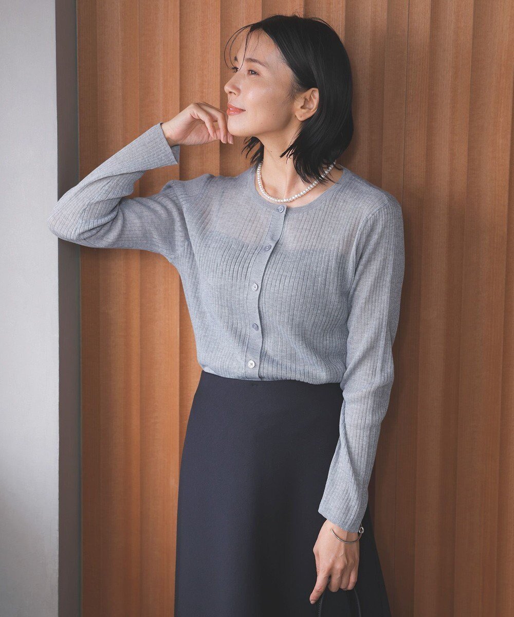 【アンフィーロ 自由区/UNFILO】のシアーリブ ニットカーディガン インテリア・キッズ・メンズ・レディースファッション・服の通販 founy(ファニー) 　ファッション　Fashion　レディースファッション　Fashion for Women　トップス・カットソー　Cut & Sew Tops　ニット　Knit Tops & Sweaters　カーディガン・羽織り　Layered Style Cardigans　ウォッシャブル　Machine Washable　カーディガン　Cardigan, Knitwear　シアー　Sheer, See-Through　トレンド　Trend, Trending Now　洗える　Machine Washable　A/W・秋冬　Autumn/Winter　グレー|ID: prp329100004154661 ipo3291000000035547500
