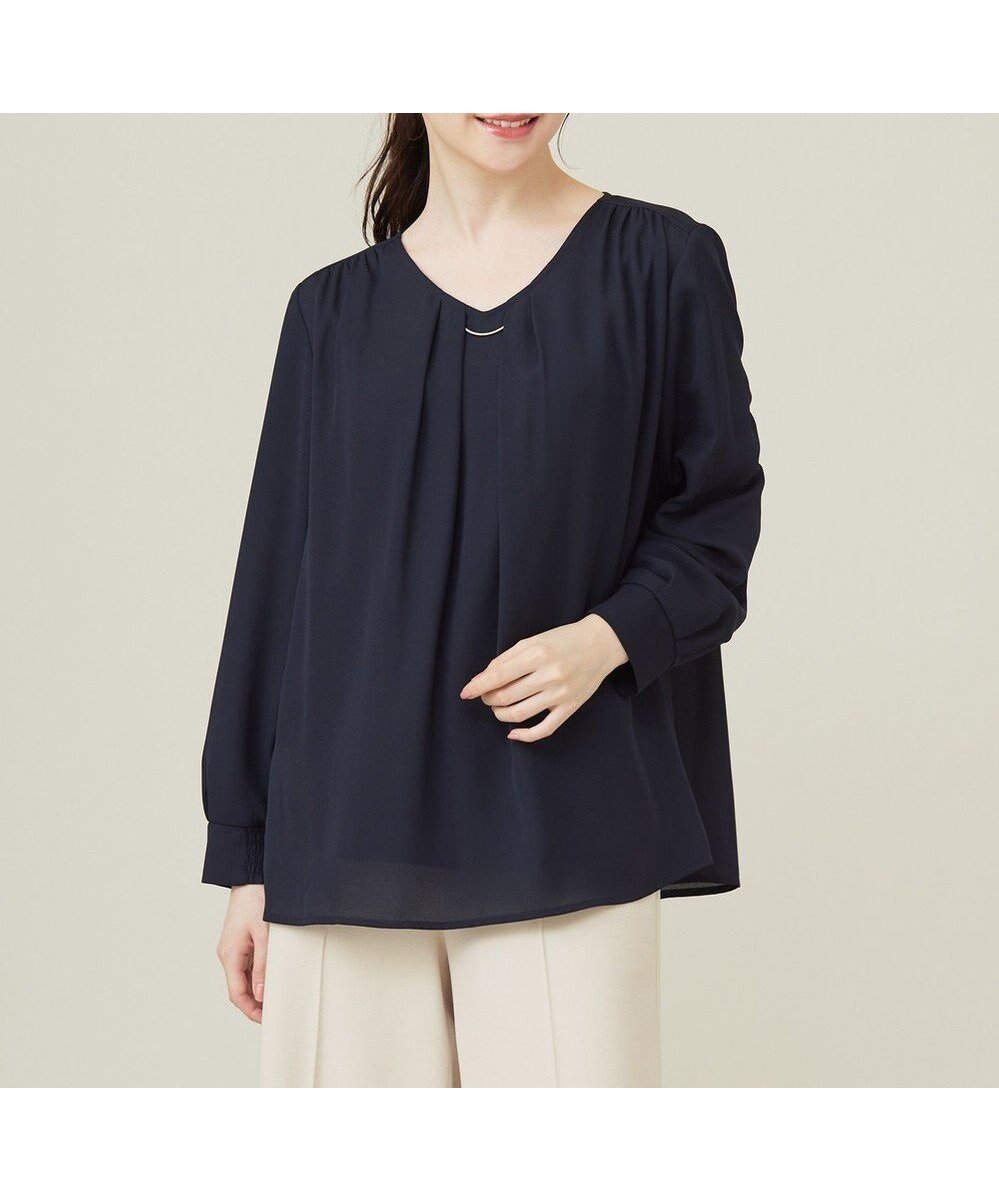 【エニィ スィス/any SiS】の【WEB限定】エニポカシリーズVネック ブラウス インテリア・キッズ・メンズ・レディースファッション・服の通販 founy(ファニー) 　ファッション　Fashion　レディースファッション　WOMEN　トップス・カットソー　Tops/Tshirt　シャツ/ブラウス　Shirts/Blouses　Vネック　V-Neck　シャーリング　Shirring　ジョーゼット　Georgette　デニム　Denim　フレア　Flare　冬　Winter　A/W・秋冬　Aw・Autumn/Winter・Fw・Fall-Winter　おすすめ　Recommend　エレガント 上品　Elegant　ビジネス 仕事 通勤　Business　ネイビー|ID: prp329100004159764 ipo3291000000031903629