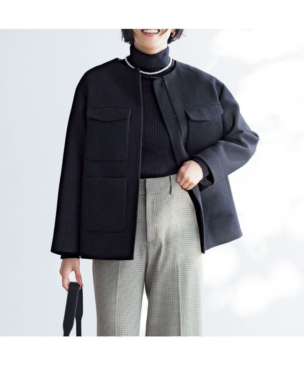 【アンフィーロ 自由区/UNFILO】のウールブレンド ノーカラーコート インテリア・キッズ・メンズ・レディースファッション・服の通販 founy(ファニー) 　ファッション　Fashion　レディースファッション　WOMEN　アウター　Coat Outerwear　コート　Coats　ジャケット　Jackets　ノーカラージャケット　No Collar Leather Jackets　おすすめ　Recommend　クラシカル　Classical　ショルダー　Shoulder　ジャケット　Jacket　スラックス　Slacks　デニム　Denim　ドロップ　Drop　フロント　Front　ポケット　Pocket　メルトン　Melton　A/W・秋冬　Aw・Autumn/Winter・Fw・Fall-Winter　ブラック|ID: prp329100004183240 ipo3291000000031975848
