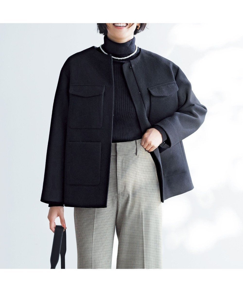 【アンフィーロ 自由区/UNFILO】のウールブレンド ノーカラーコート インテリア・キッズ・メンズ・レディースファッション・服の通販 founy(ファニー) 　ファッション　Fashion　レディースファッション　Ladies' Fashion Online　アウター　Coat Outerwear　コート　Coats　ジャケット　Jackets　ノーカラージャケット　No Collar Leather Jackets　おすすめ　Recommend　クラシカル　Classical　ショルダー　Shoulder　ジャケット　Jacket　スラックス　Slacks　デニム　Denim　ドロップ　Drop　フロント　Front　ポケット　Pocket　メルトン　Melton　A/W・秋冬　Aw・Autumn/Winter・Fw・Fall-Winter　ブラック|ID: prp329100004183240 ipo3291000000032576047