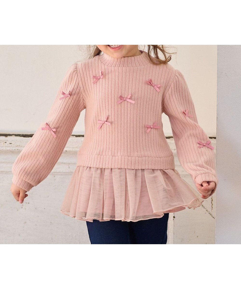 【エニィ/ANY / KIDS】のふくれジャガードリボンチュニック インテリア・キッズ・メンズ・レディースファッション・服の通販 founy(ファニー) 　ファッション　Fashion　キッズファッション　Fashion for Kids　トップス・カットソー　Cut & Sew Tops　ガーリー　Girly, Feminine Style　シンプル　Simple, Minimal　スウェット / スエット　Sweatshirt, Sweatwear　チュニック　Tunic, Long Top　チュール　Tulip, Tulip Motif　ポケット　Pocket, Pocket Detail　リボン　Ribbon, Bow　A/W・秋冬　Autumn/Winter　ピンク|ID: prp329100004214965 ipo3291000000033563046
