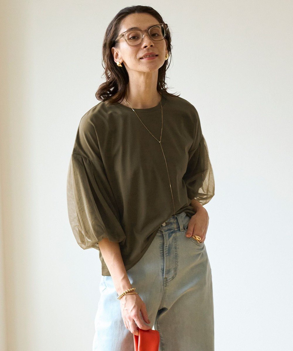 【アンフィーロ 自由区/UNFILO】の【吸水速乾/ストレッチ】チュール レイヤード Tシャツ インテリア・キッズ・メンズ・レディースファッション・服の通販 founy(ファニー) 　ファッション　Fashion　レディースファッション　Ladies' Fashion Online　トップス・カットソー　Tops/Tshirt　シャツ/ブラウス　Shirts/Blouses　ロング / Tシャツ　T-Shirts　カットソー　Cut and Sewn　春　Spring　カットソー　Cut And Sew　吸水　Water Absorption　ショルダー　Shoulder　シンプル　Simple　ジャージ　Jersey　ストレッチ　Stretch　スリーブ　Sleeve　チュール　Tulle　ドロップ　Drop　S/S・春夏　Ss・Spring/Summer　再入荷　Restock/Back In Stock/Re Arrival　夏　Summer　ビジネス 仕事 通勤　Business　カーキ|ID: prp329100004265455 ipo3291000000032587435