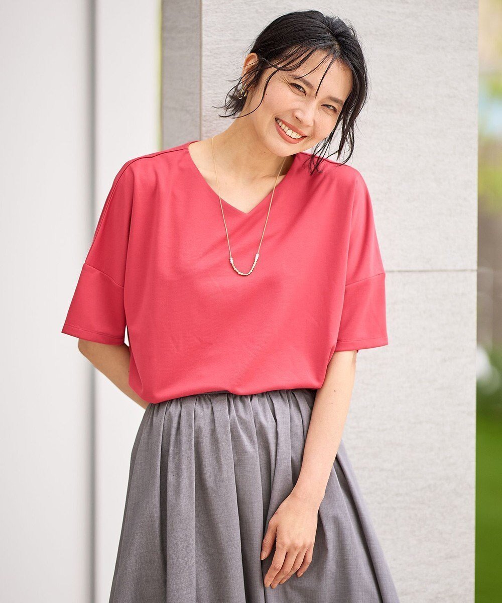 【エニー/ANY】の【洗濯機可/接触冷感/UVカット/アンチピリング】ドライポンチVネックプルオーバー インテリア・キッズ・メンズ・レディースファッション・服の通販 founy(ファニー) 　ファッション　Fashion　レディースファッション　Fashion for Women　トップス・カットソー　Cut & Sew Tops　シャツ・ブラウス・オフィスカジュアル　Elegant Blouses & Button-Ups　ロングTシャツ・Tシャツ　Longline T-Shirts & Tees　カジュアルプルオーバー・ニットトップス　Pullovers & Knit Tops / Casual Pullovers　カットソー・ベーシックTシャツ　Cut-and-Sewn Tops / Stretch Tees & Basics　Vネックトップス　V-Neck Tops / V-Cut Neckline Shirts　春　Spring　カットソー　Cut and Sewn Top　ショルダー　Shoulder, Shoulder Strap　スリット　Slit, Slit Detail　ドロップ　Drop Shoulder, Dropped Style　なめらか　Smooth, Silky Texture　S/S・春夏　SS, Spring/Summer, Warm Season　おすすめ　Recommended / Our Picks　夏　Summer　エレガント 上品　Elegant　スカーレット|ID: prp329100004266717 ipo3291000000034192067