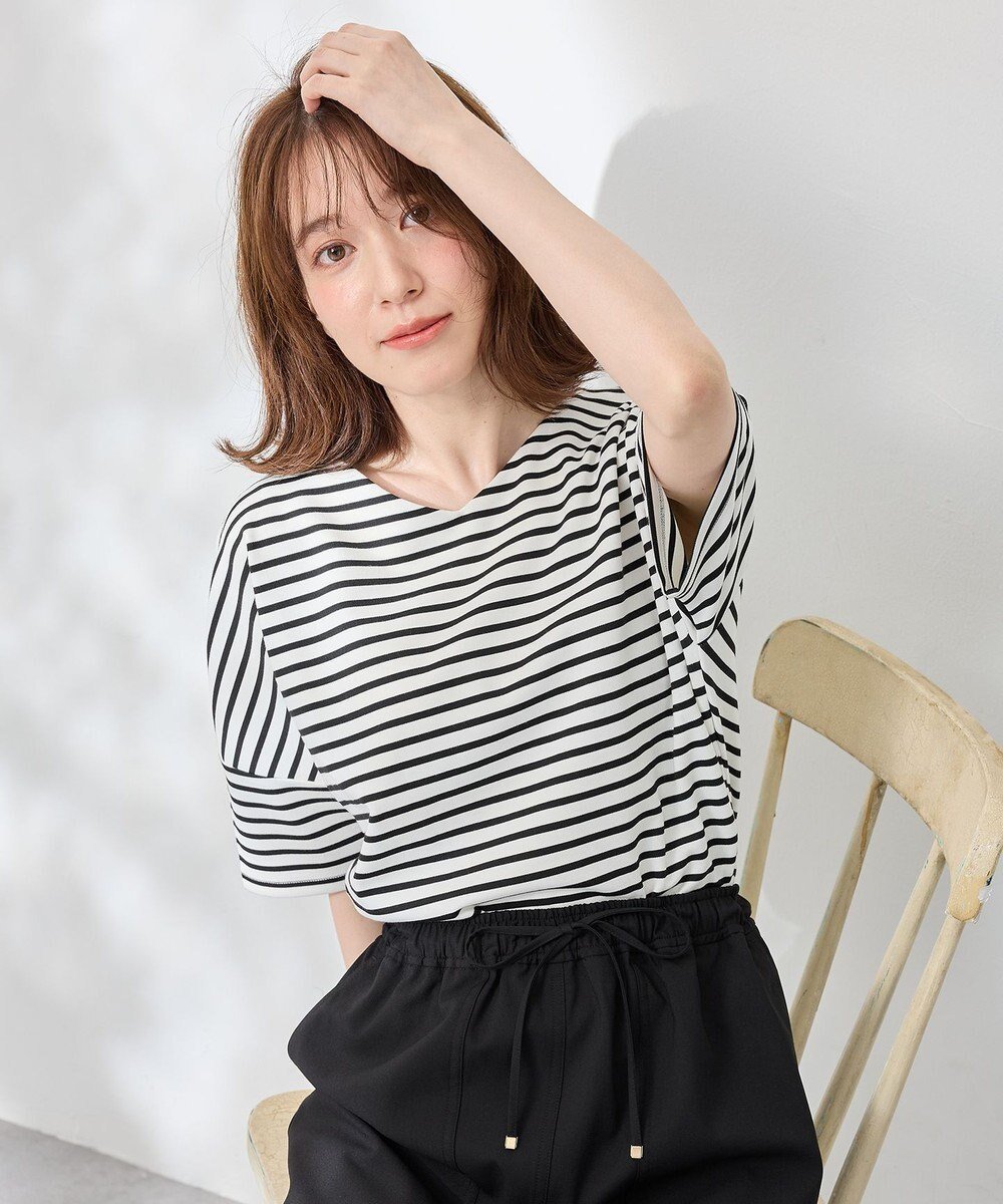 【エニー/ANY】の【洗濯機可/接触冷感/UVカット/アンチピリング】ドライポンチVネックプルオーバー インテリア・キッズ・メンズ・レディースファッション・服の通販 founy(ファニー) 　ファッション　Fashion　レディースファッション　Fashion for Women　トップス・カットソー　Cut & Sew Tops　シャツ・ブラウス・オフィスカジュアル　Elegant Blouses & Button-Ups　ロングTシャツ・Tシャツ　Longline T-Shirts & Tees　カジュアルプルオーバー・ニットトップス　Pullovers & Knit Tops / Casual Pullovers　カットソー・ベーシックTシャツ　Cut-and-Sewn Tops / Stretch Tees & Basics　Vネックトップス　V-Neck Tops / V-Cut Neckline Shirts　春　Spring　カットソー　Cut and Sewn Top　ショルダー　Shoulder, Shoulder Strap　スリット　Slit, Slit Detail　ドロップ　Drop Shoulder, Dropped Style　なめらか　Smooth, Silky Texture　S/S・春夏　SS, Spring/Summer, Warm Season　おすすめ　Recommended / Our Picks　夏　Summer　エレガント 上品　Elegant　オフベース×ブラック|ID: prp329100004266717 ipo3291000000034192072